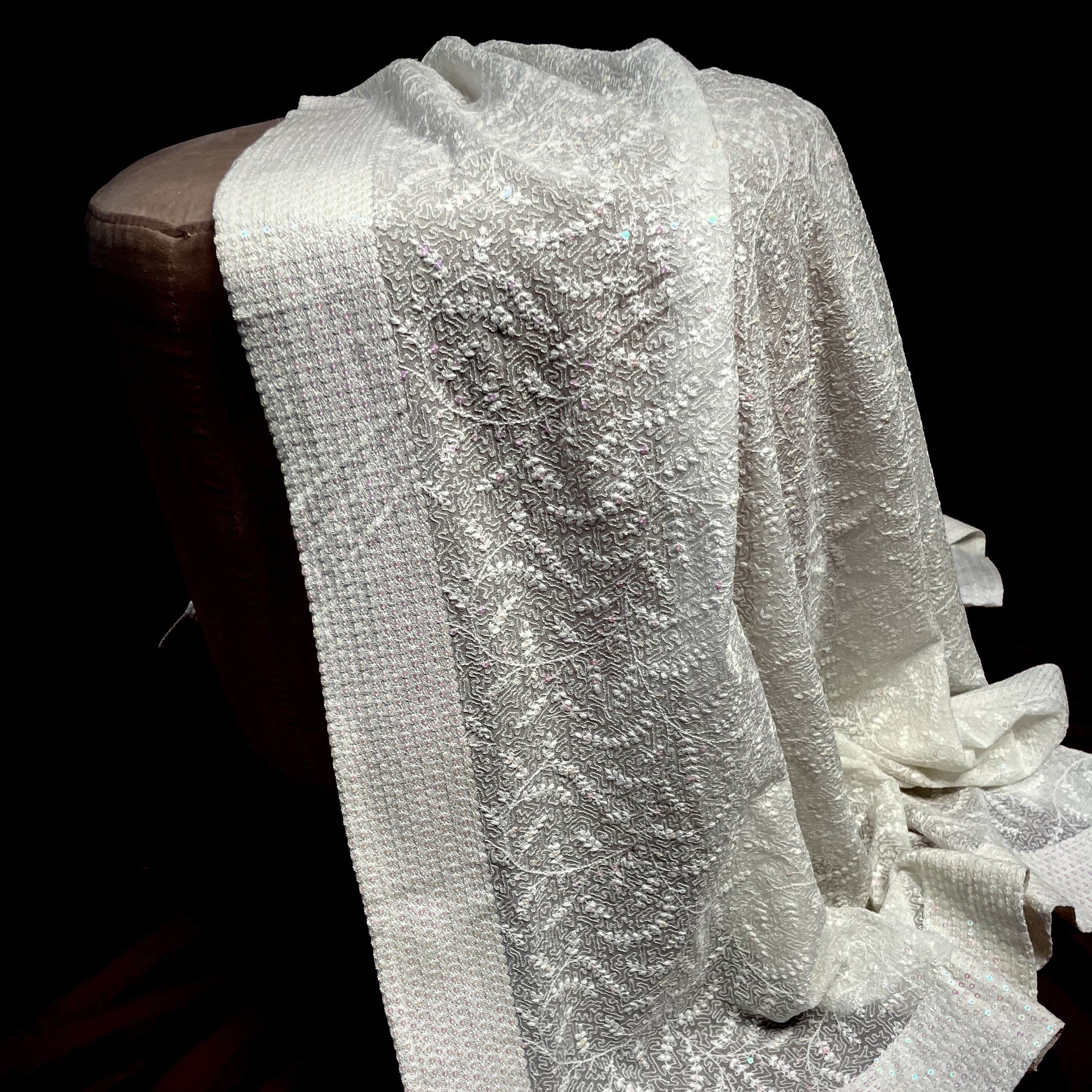 Premium  White Abstract Thread Sequins Embroidery  Georgette Dupatta