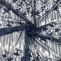 classic blue pearl thread embroidery net fabric