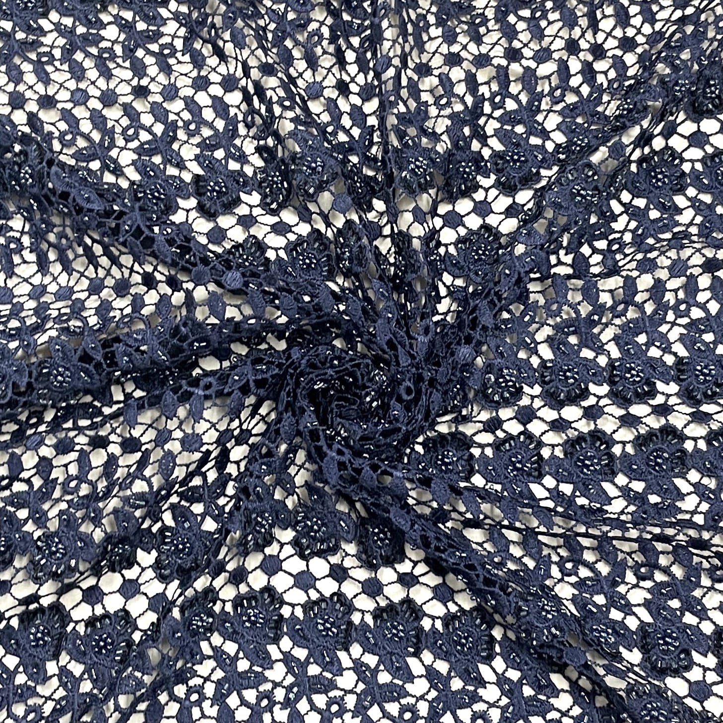 Classic Blue Floral Pearl Embroidery Crochet Fabric 
