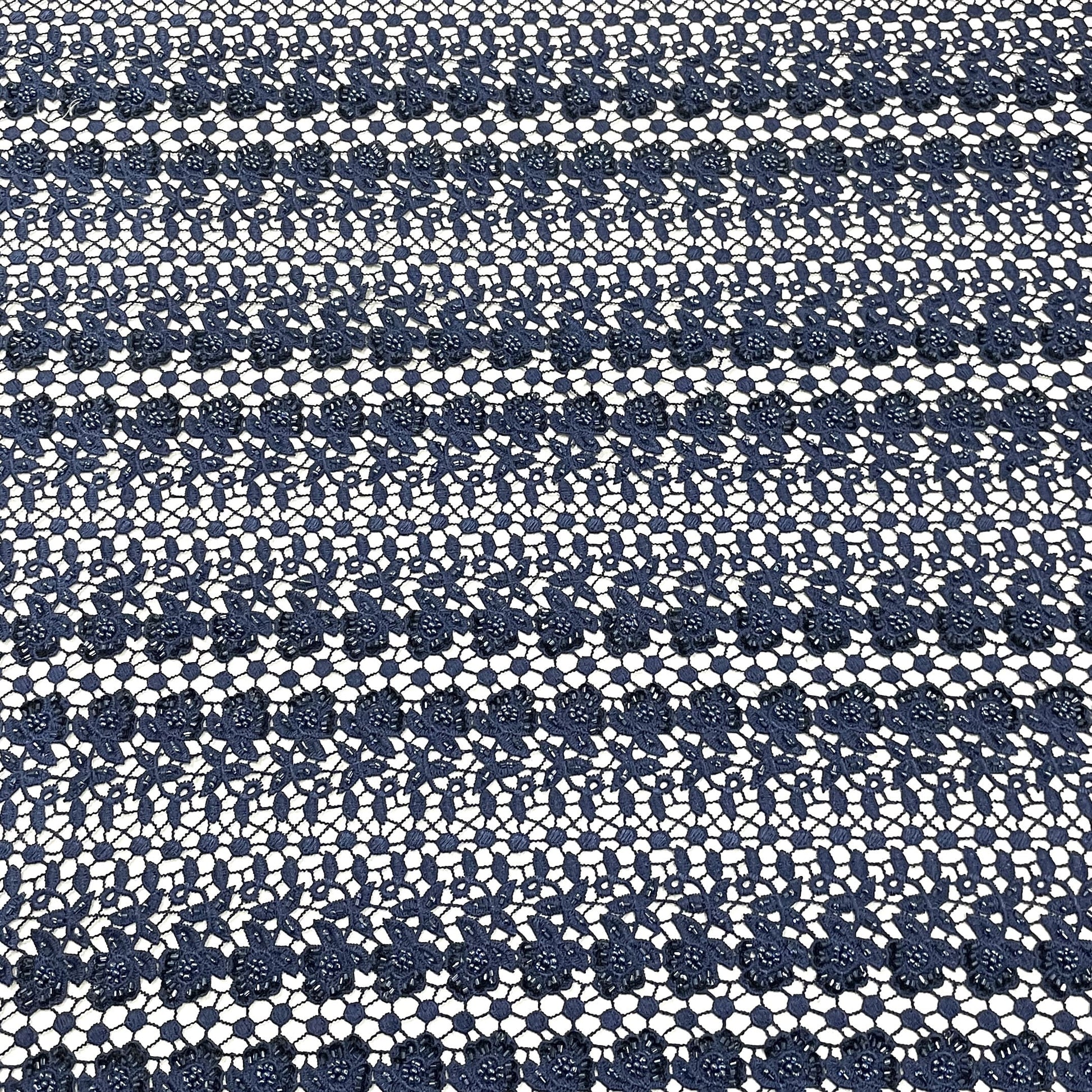 Classic Blue Floral Pearl Embroidery Crochet Fabric 