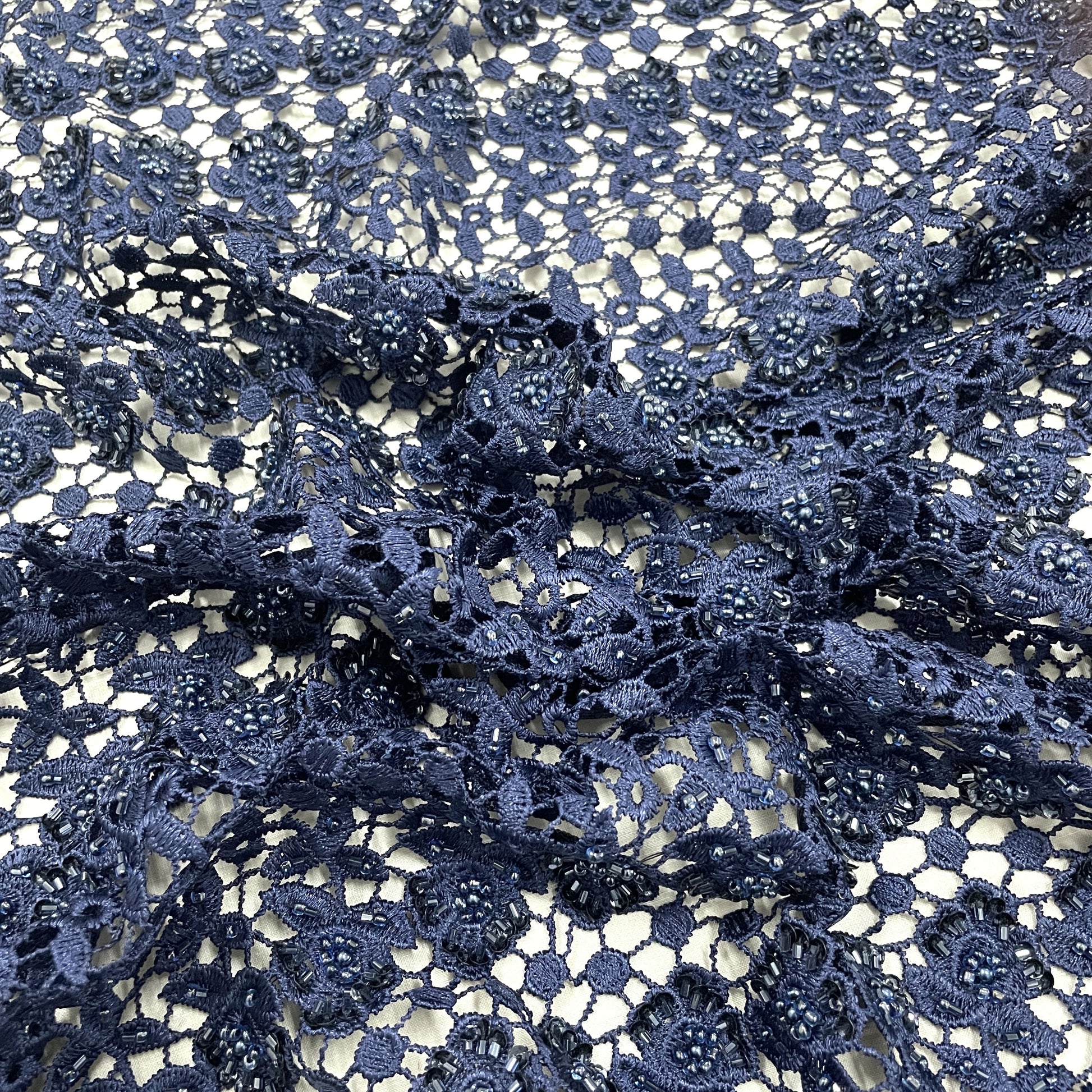 Classic Blue Floral Pearl Embroidery Crochet Fabric 
