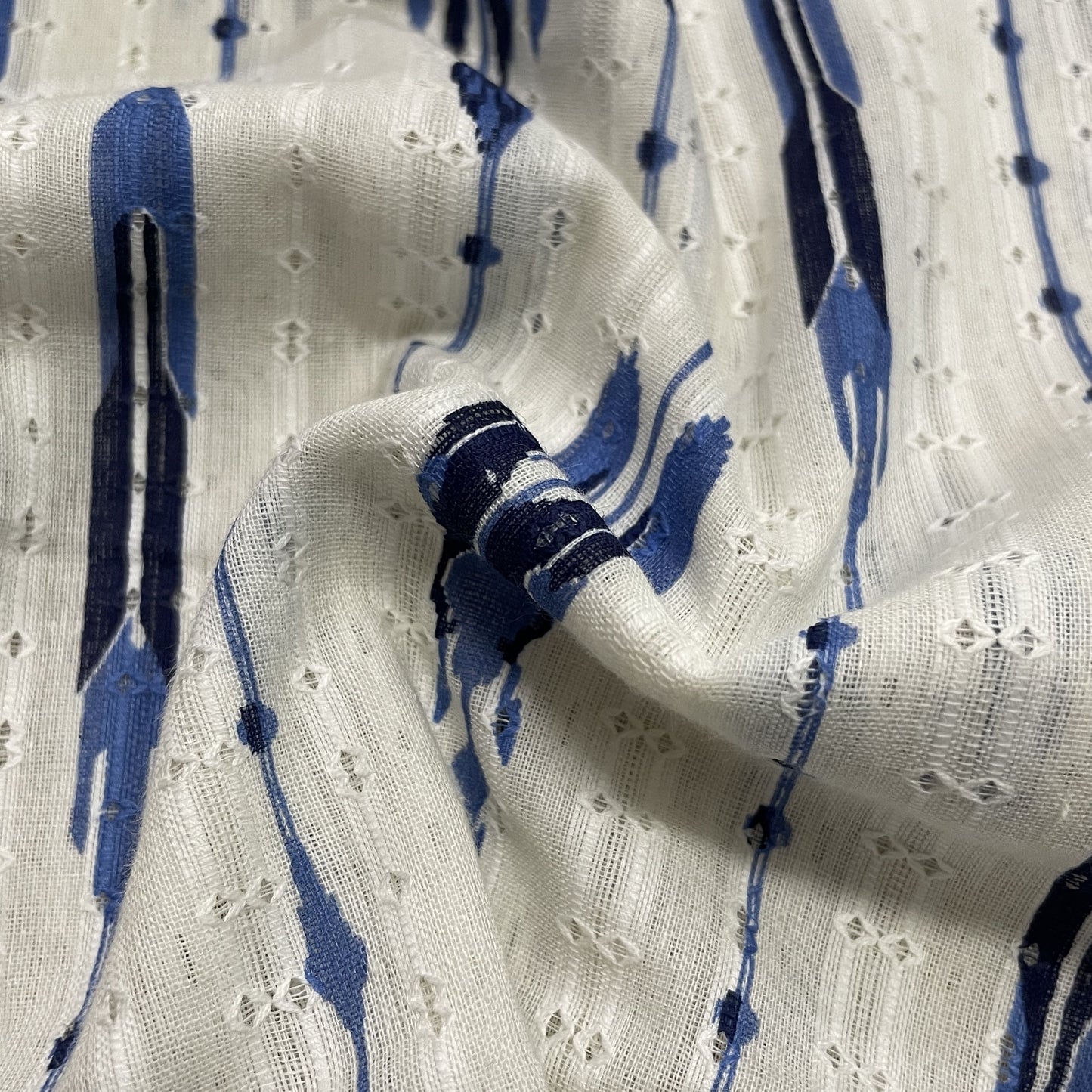 OffWhite Blue Ikkat Dobby Embroidery Dyeable Cotton Fabric