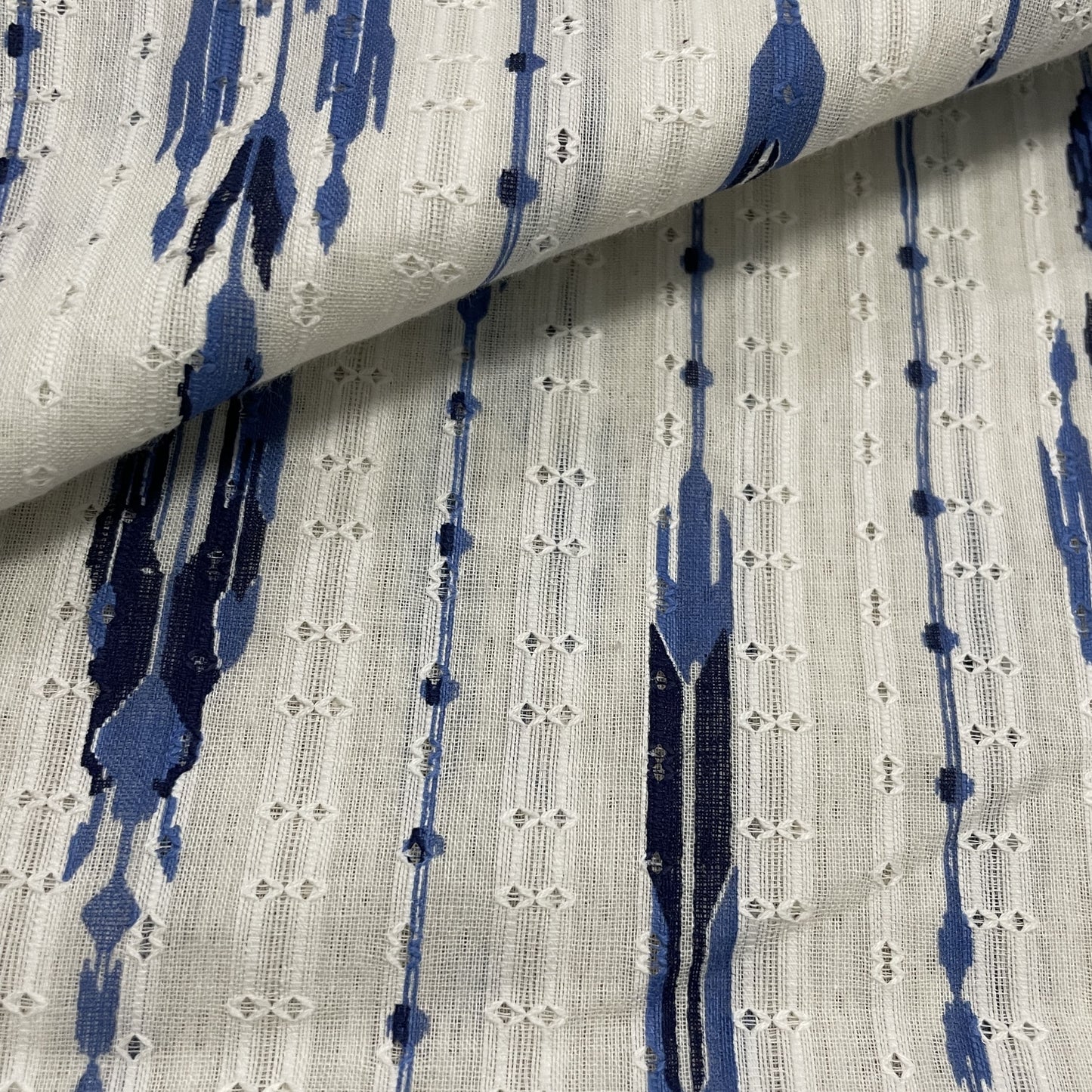 OffWhite Blue Ikkat Dobby Embroidery Dyeable Cotton Fabric