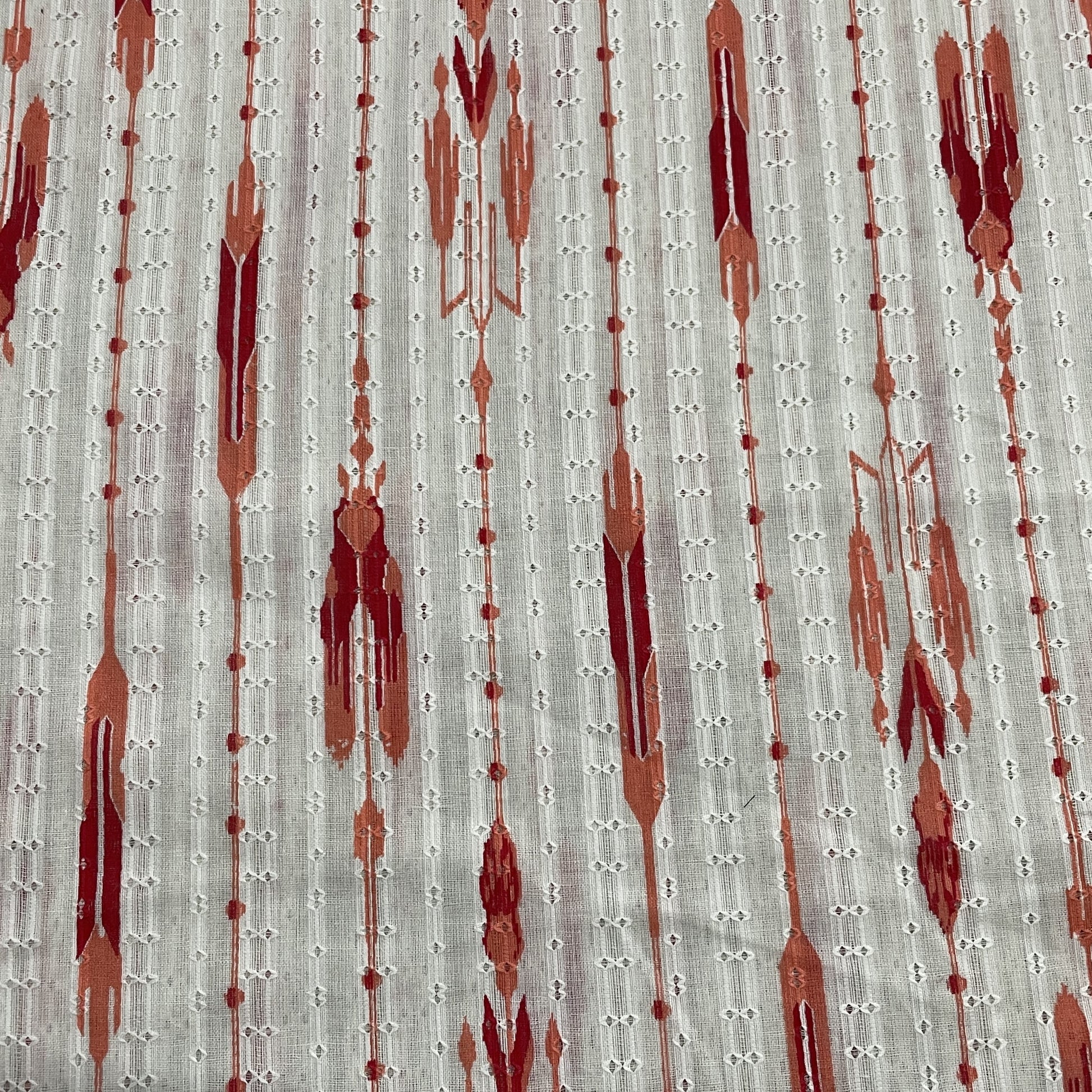 OffWhite Orange Ikkat Dobby Embroidery Dyeable Cotton Fabric