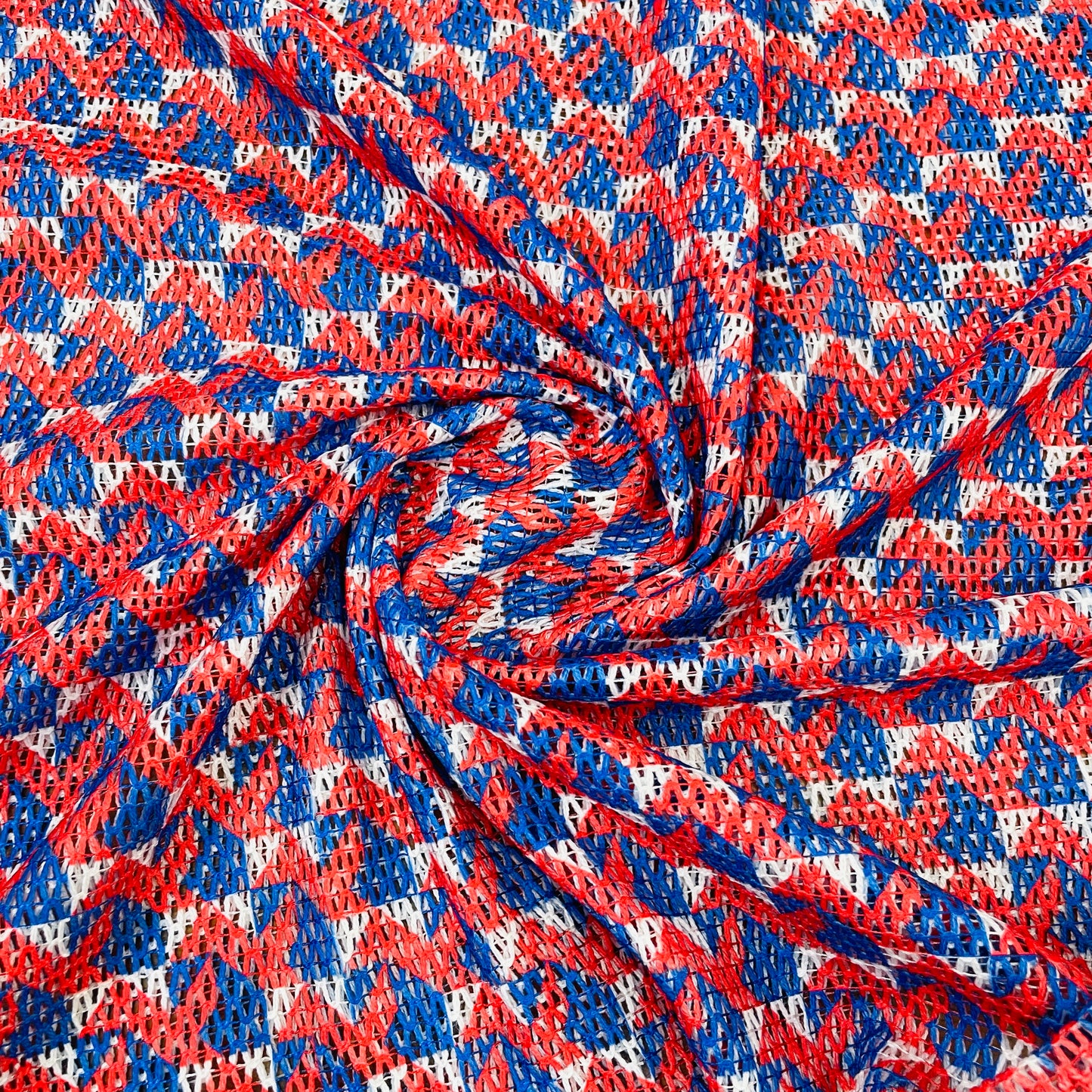 Premium  Red Blue Geometrical Print Cotton Crochet Fabric