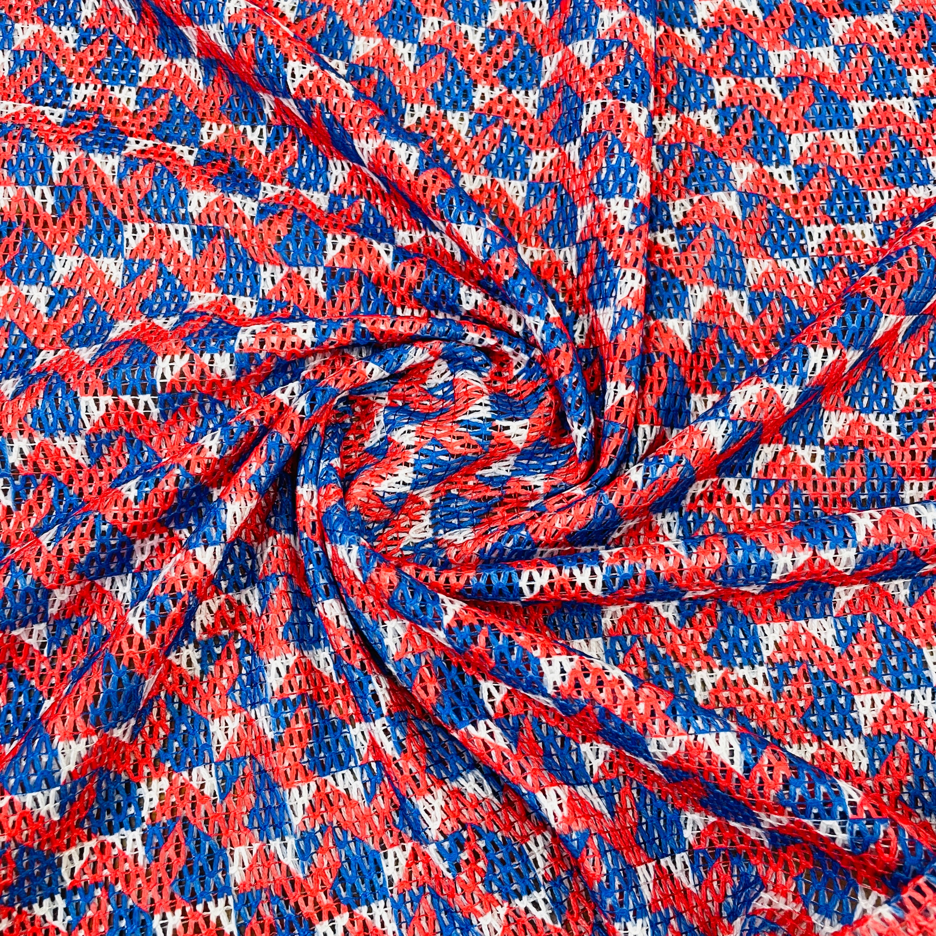 Premium  Red Blue Geometrical Print Cotton Crochet Fabric