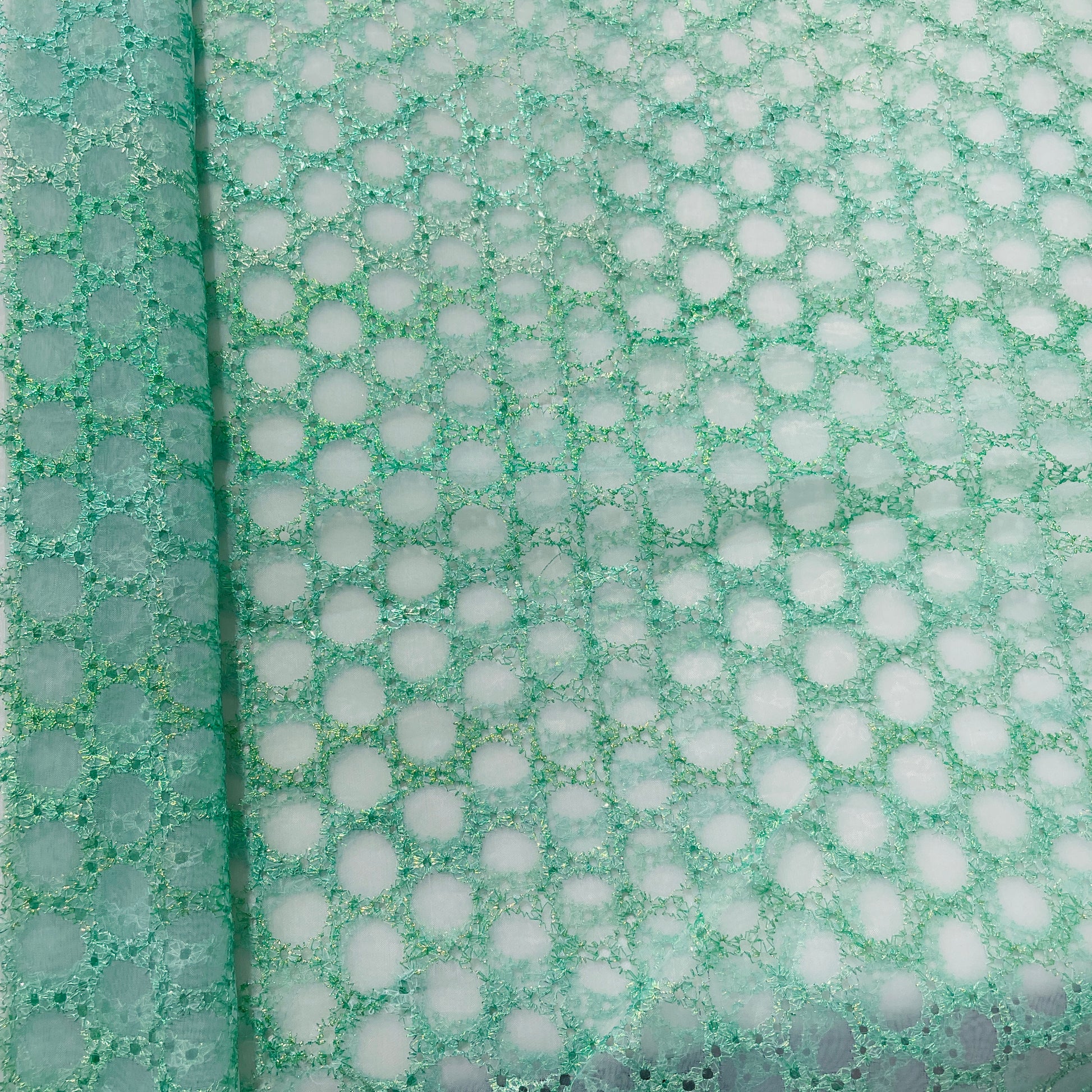 Green Geometerical Sequence Embroidery Organza Fabric - TradeUNO