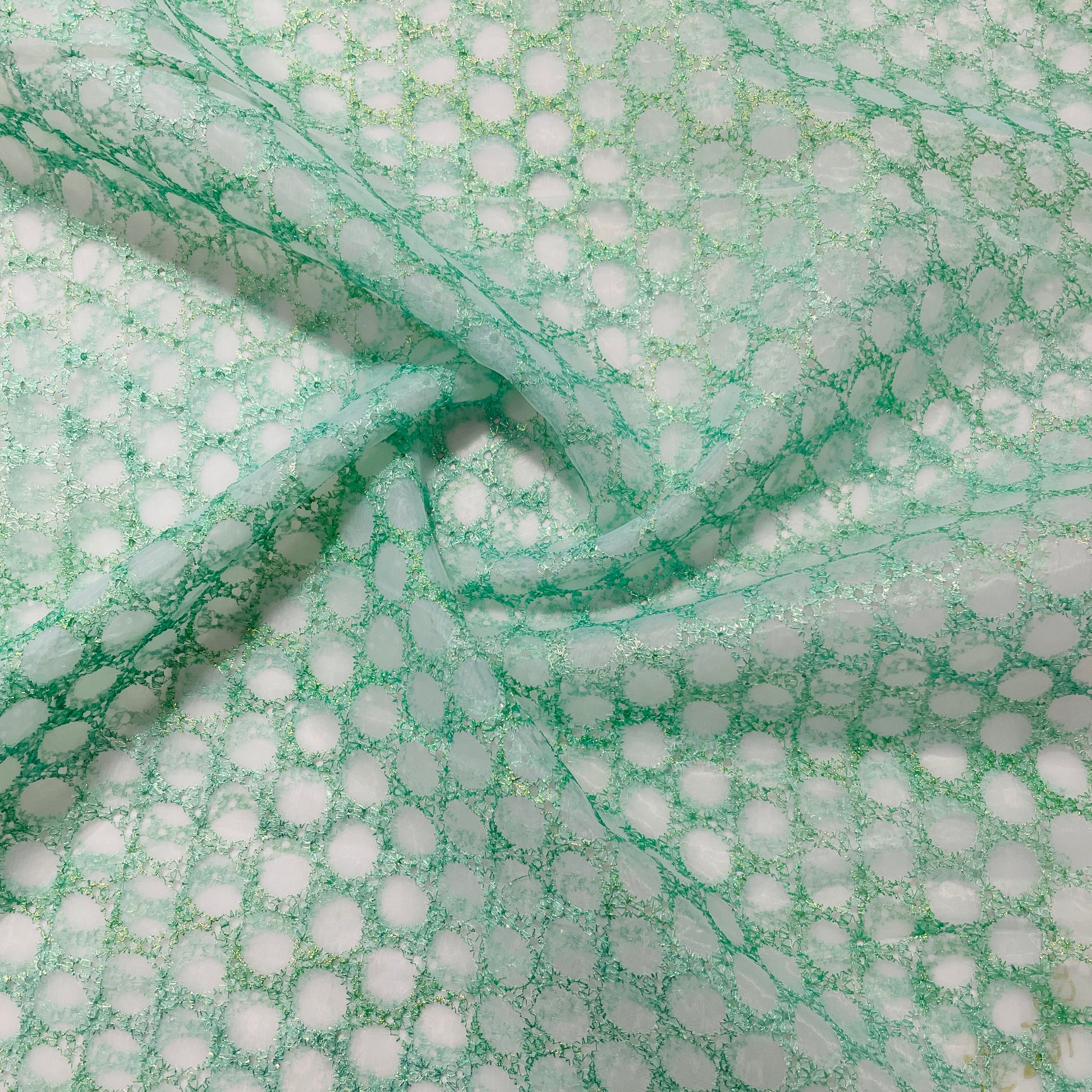 Green Geometerical Sequence Embroidery Organza Fabric - TradeUNO