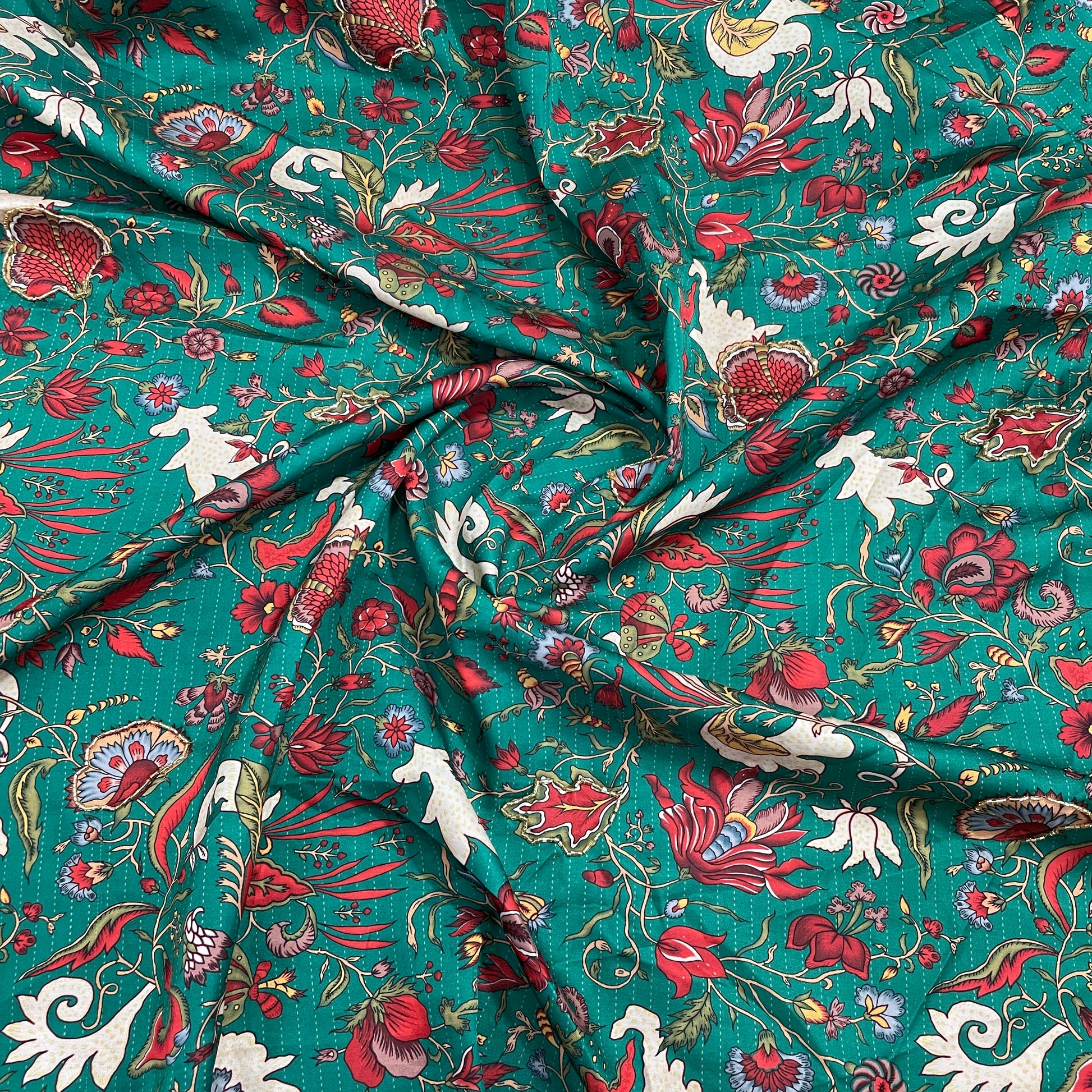 Jungle Green Floral Hand Embroidery Modal Satin Fabric - TradeUNO