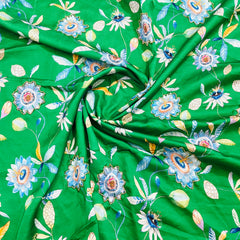 Green Floral Hand Embroidery Modal Satin Fabric - TradeUNO