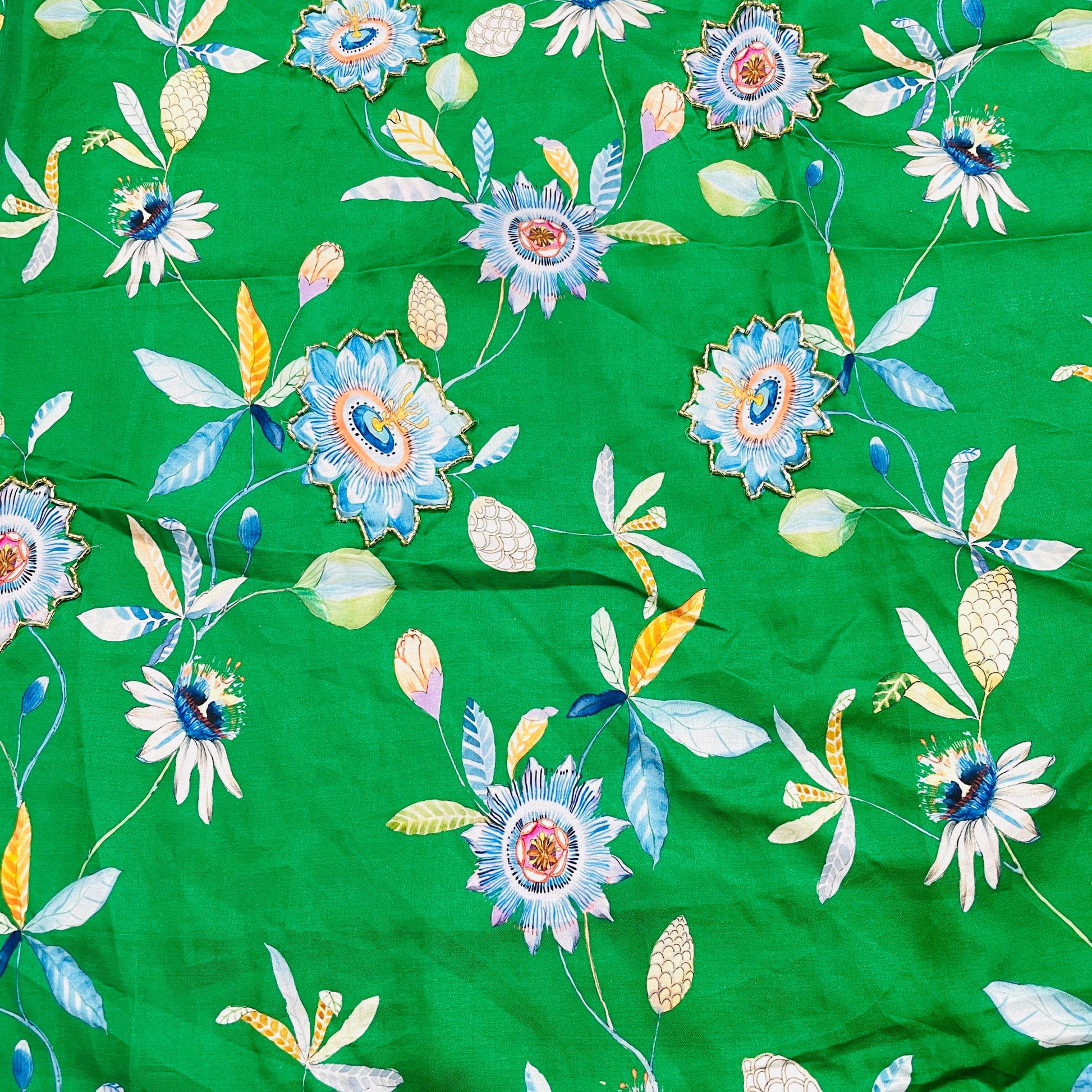 Green Floral Hand Embroidery Modal Satin Fabric - TradeUNO