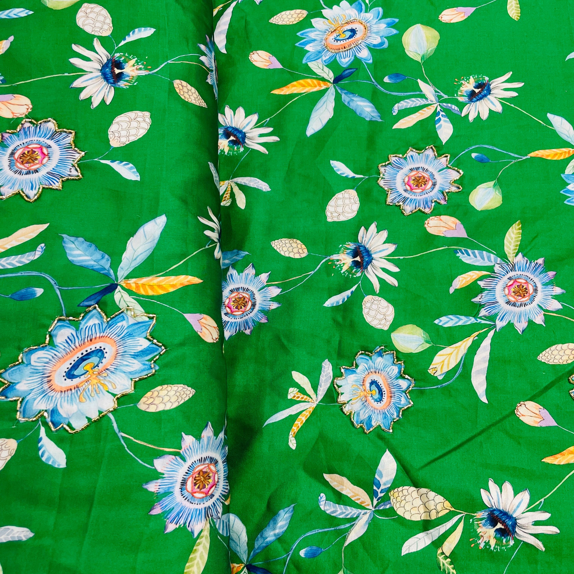 Green Floral Hand Embroidery Modal Satin Fabric - TradeUNO