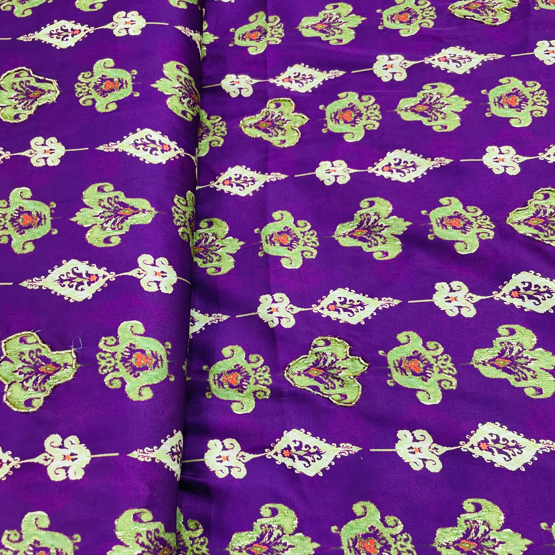 Purple Floral Hand Embroidery Modal Satin Fabric - TradeUNO