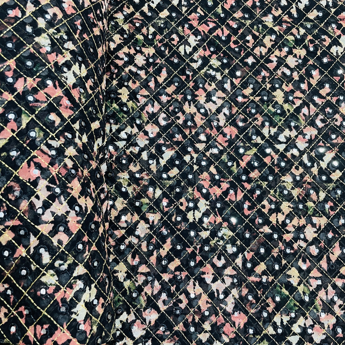Black & Peach Pink Zari With Mirror Work Embroidery Georgette Fabric - TradeUNO