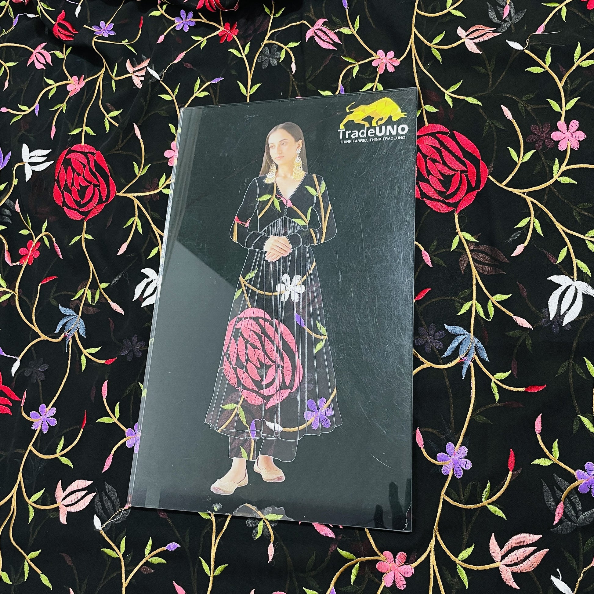 Black & Multicolor Floral Embroidery Georgette Fabric - TradeUNO