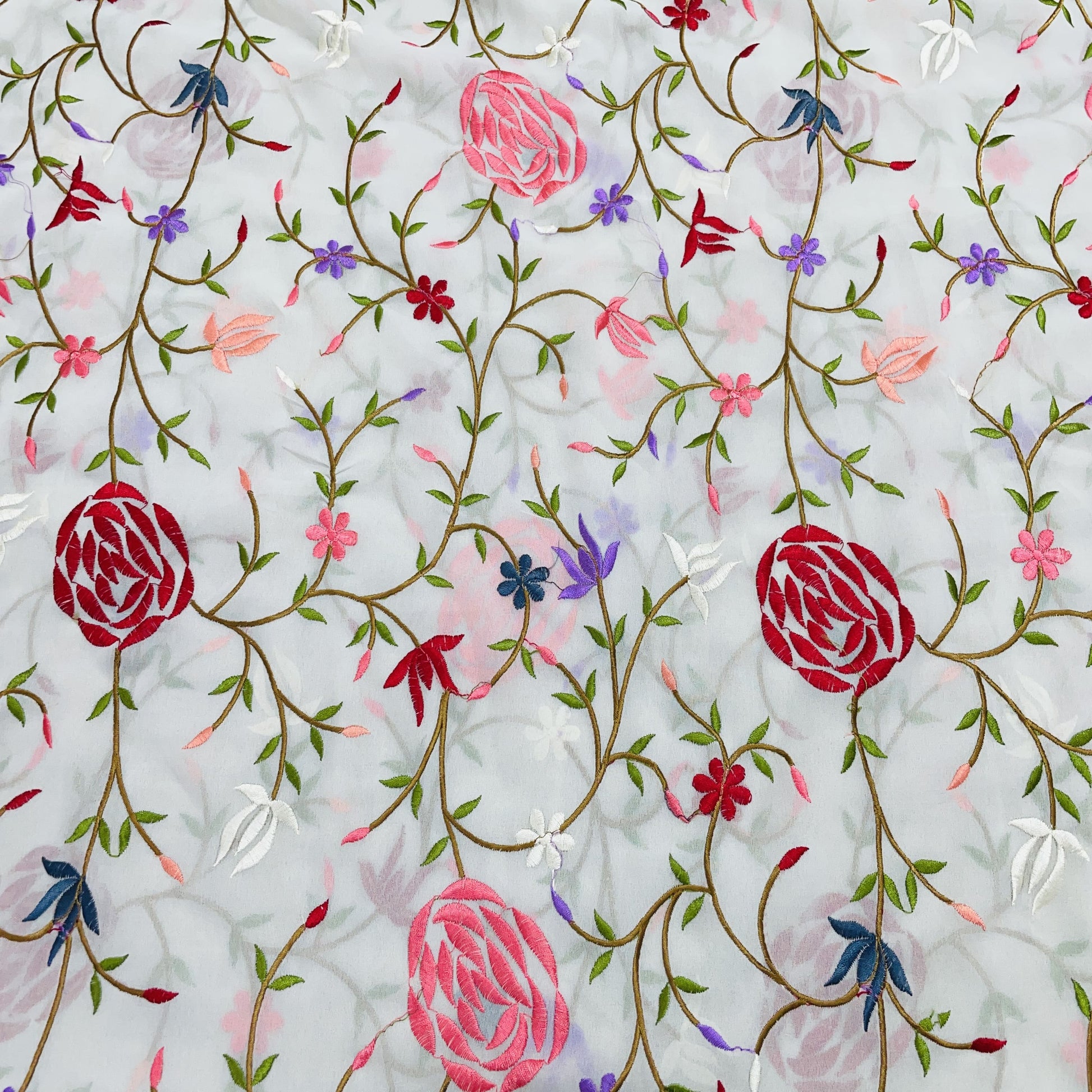White & Multicolor Floral Embroidery Georgette Fabric - TradeUNO