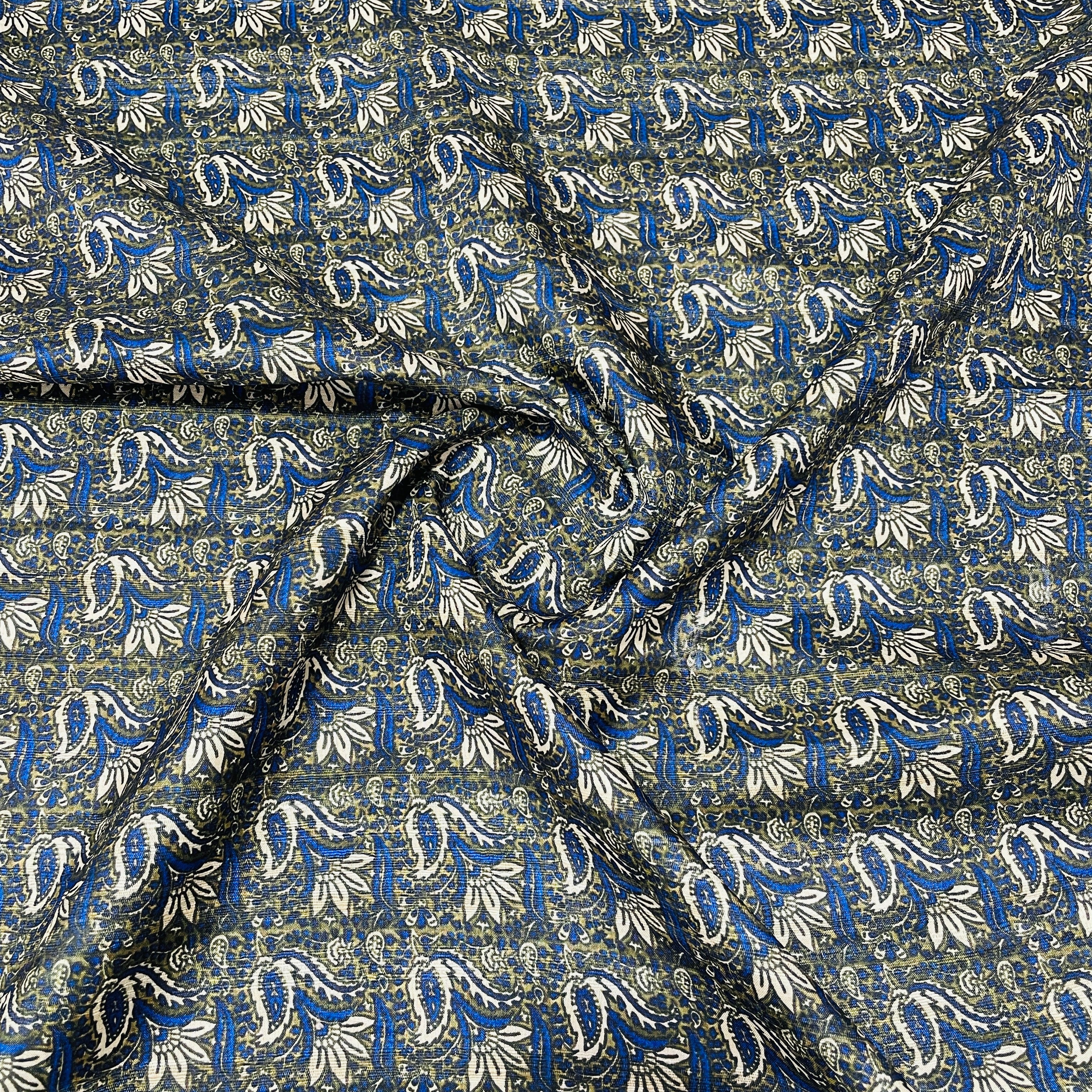 olive green blue floral print tusser silk