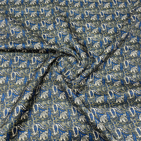olive green blue floral print tusser silk
