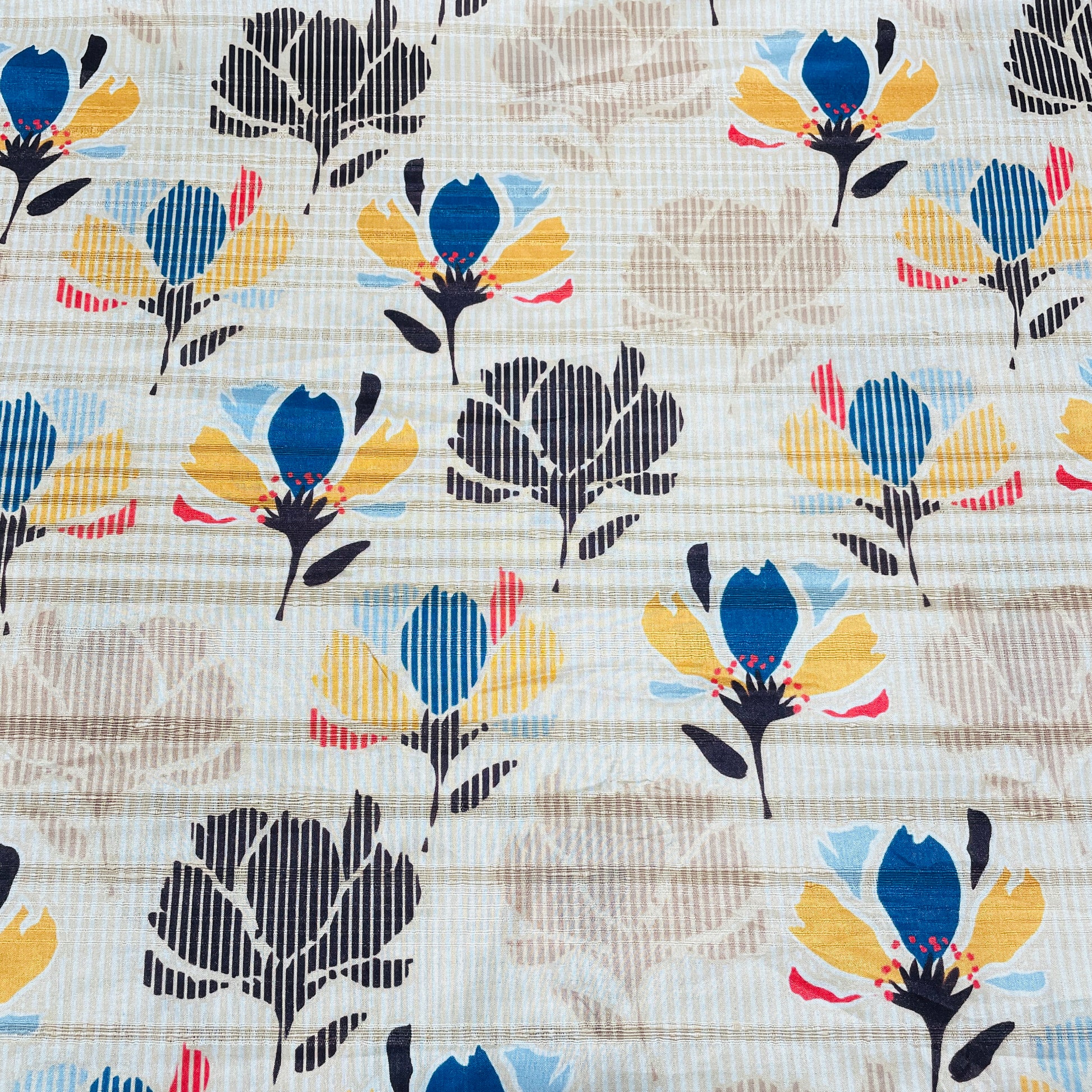 Cream Multicolor Floral Print Tusser Silk Fabric - TradeUNO