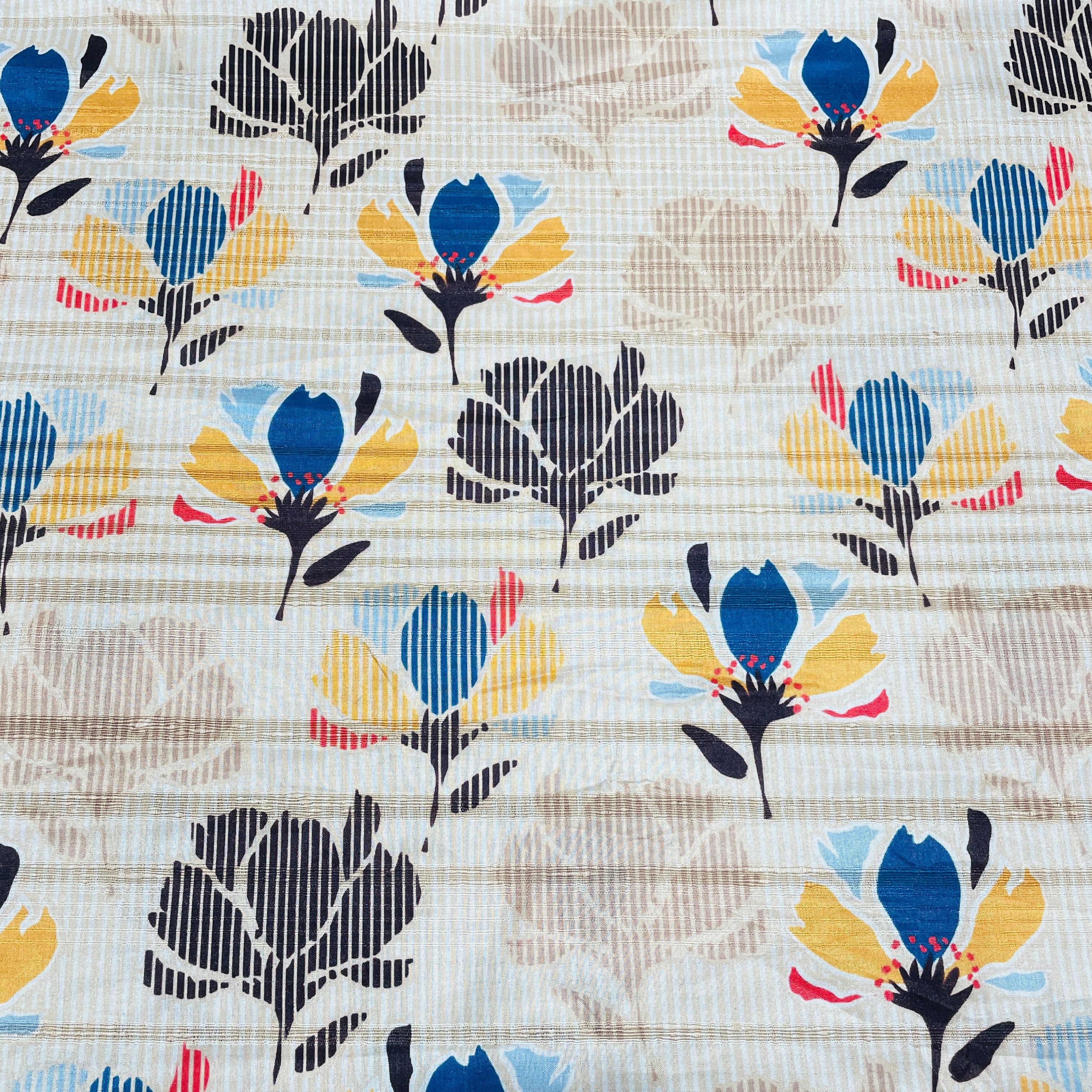 Cream Multicolor Floral Print Tusser Silk Fabric - TradeUNO