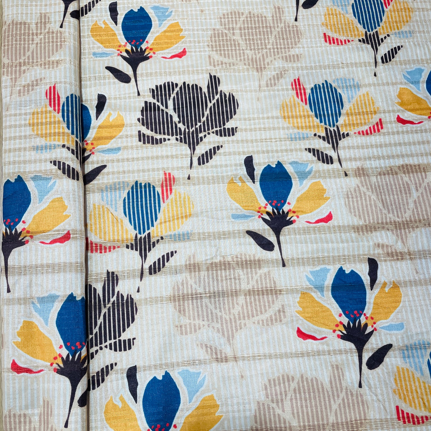 Cream Multicolor Floral Print Tusser Silk Fabric - TradeUNO