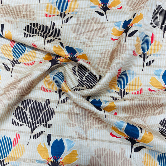 Cream & Multicolor Floral Print Tusser Silk Fabric