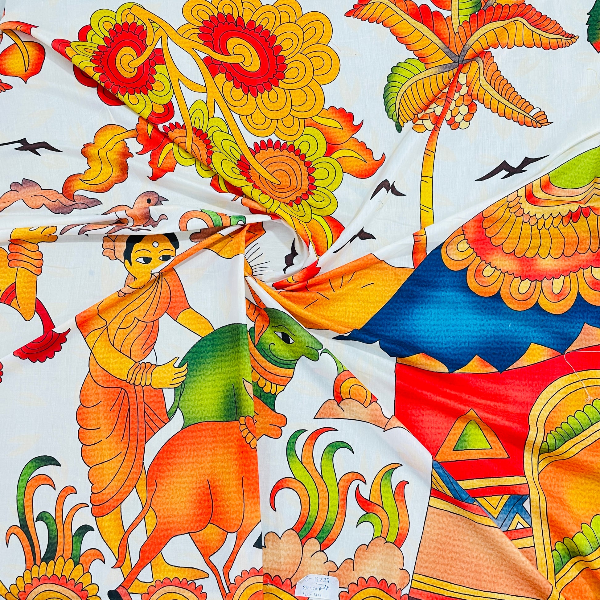 White & Orange Madhubani i Print Cotton Satin Fabric - TradeUNO