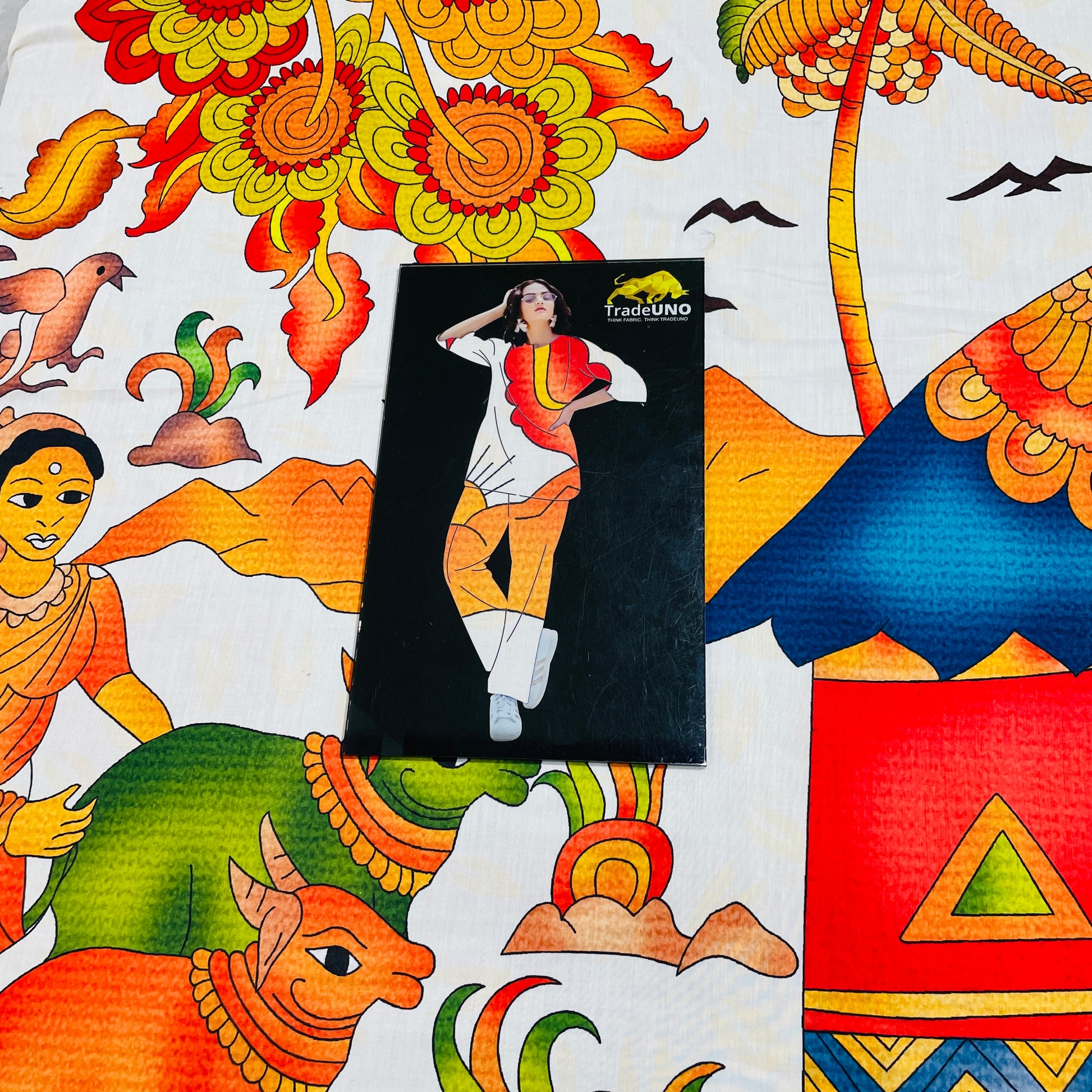 White & Orange Pichwai Print Cotton Satin Fabric - TradeUNO