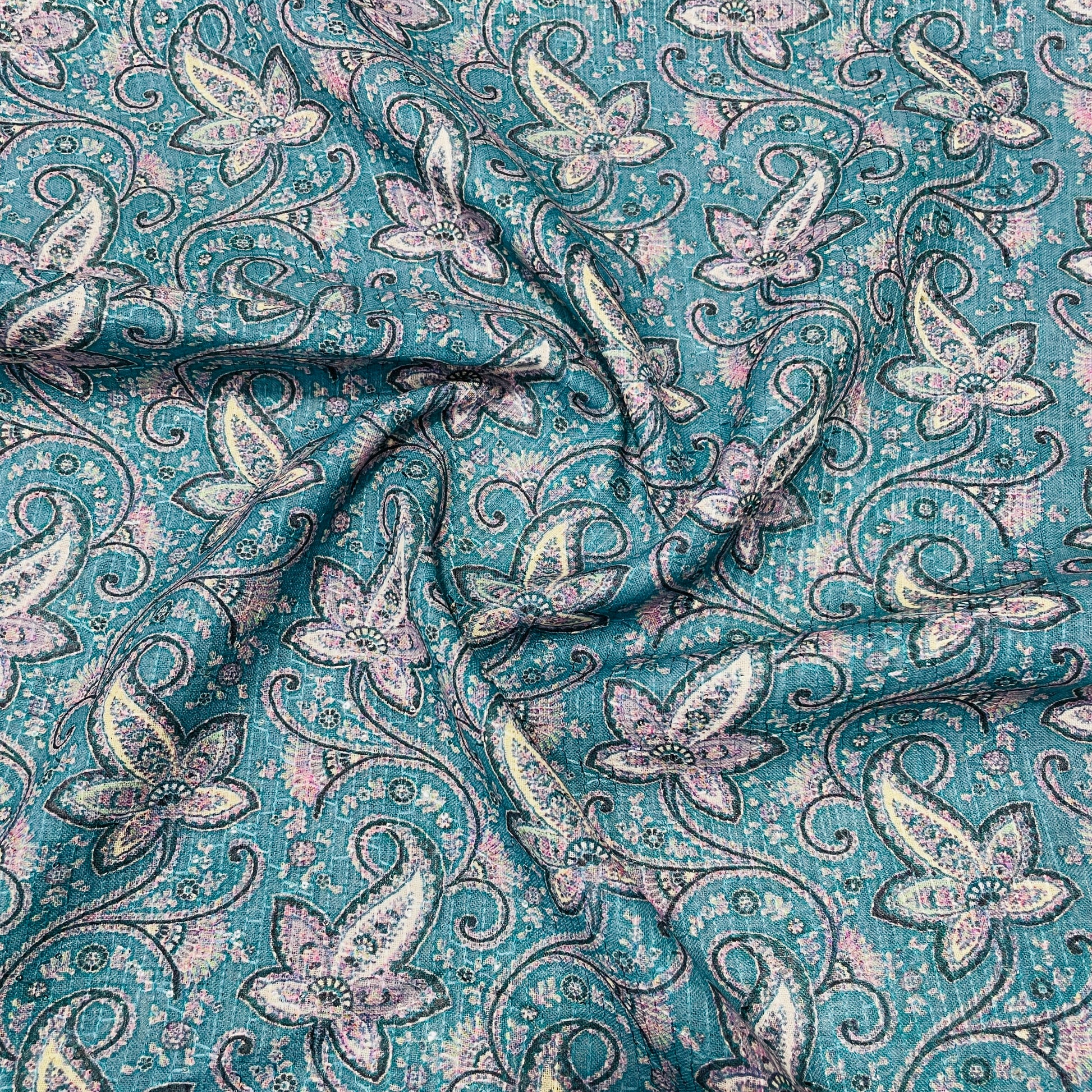 Blue Floral Print Sequence Embroidery Linen Fabric - TradeUNO
