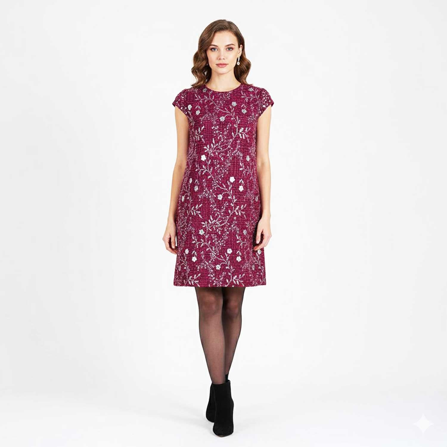 Maroon Floral Embroidery Tweed Fabric PDM-28940 - TradeUNO