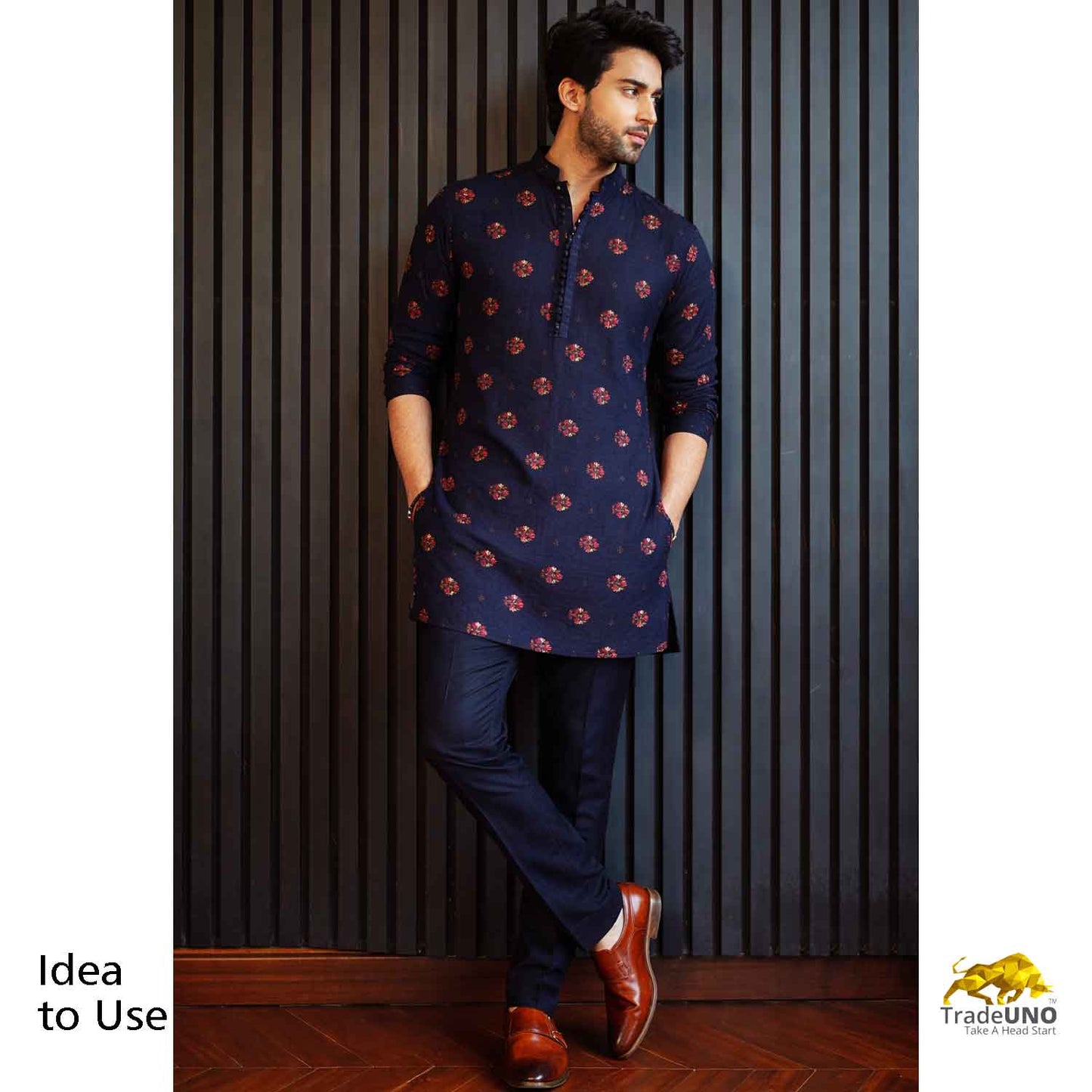 Navy Blue Kashmiri Embroidery Raw Silk Fabric RA-28209