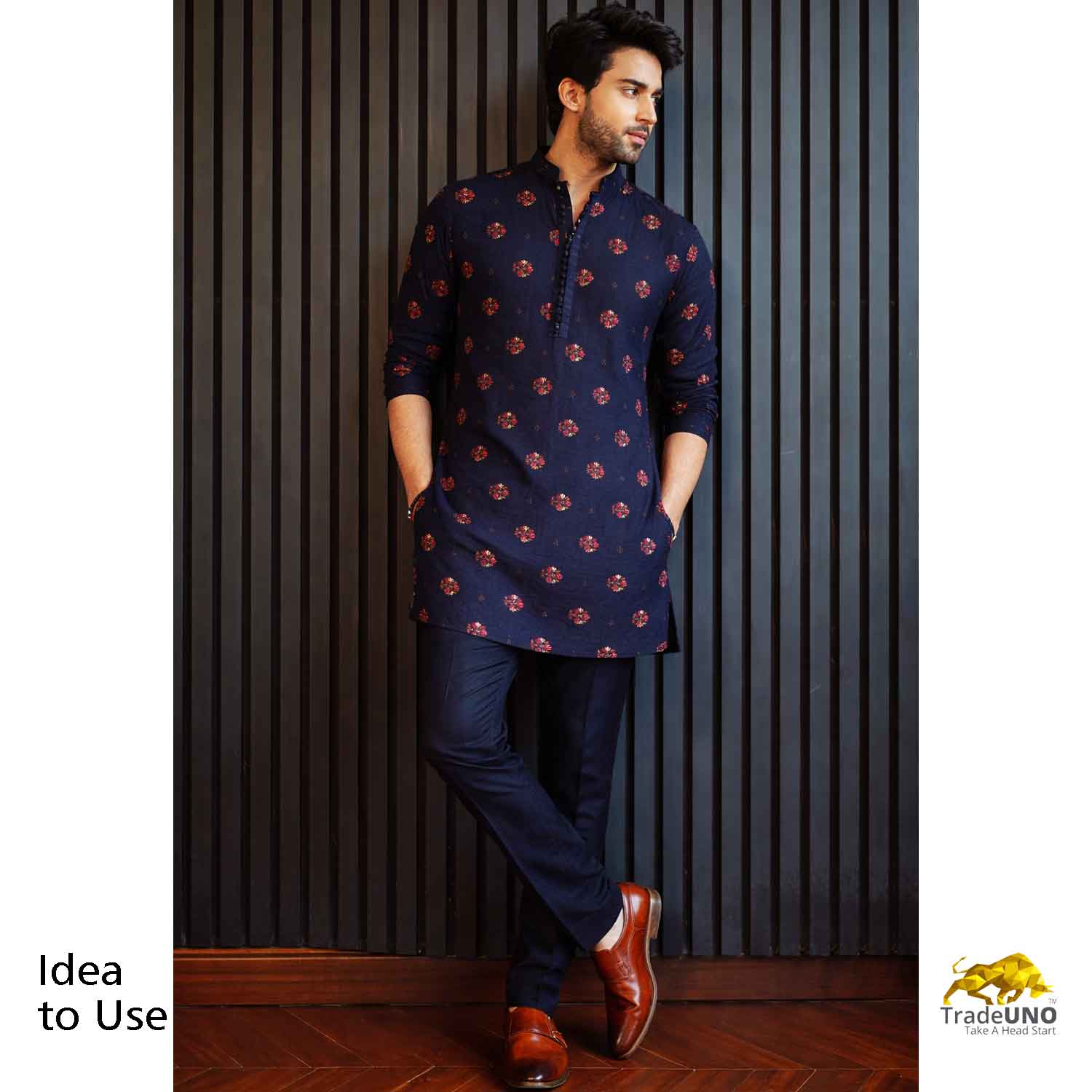Navy Blue Kashmiri Embroidery Raw Silk Fabric RA-28209 - TradeUNO
