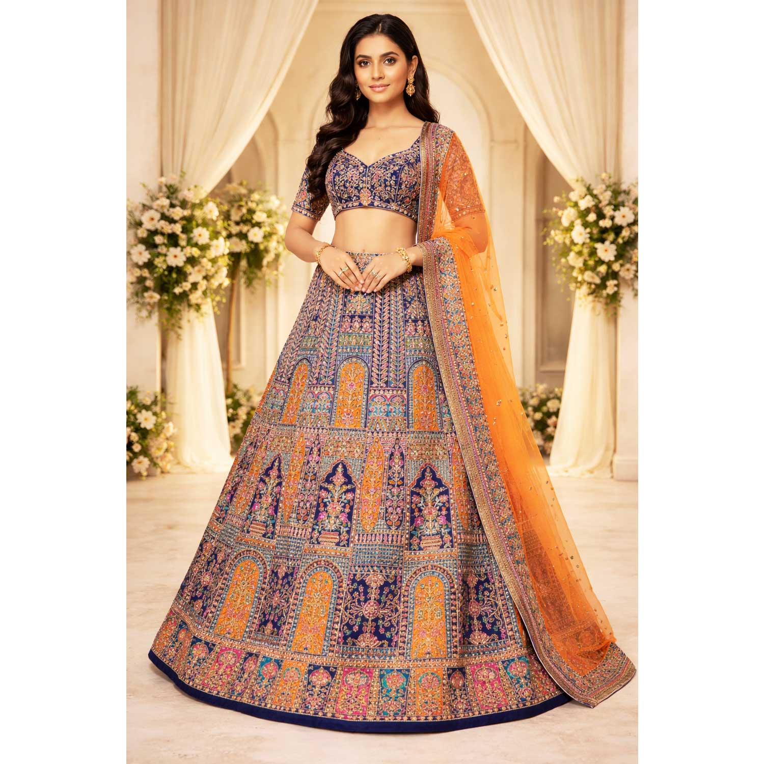 Navy Blue Traditional Zari Embroidery Crepe Fabric LT-28627 - TradeUNO