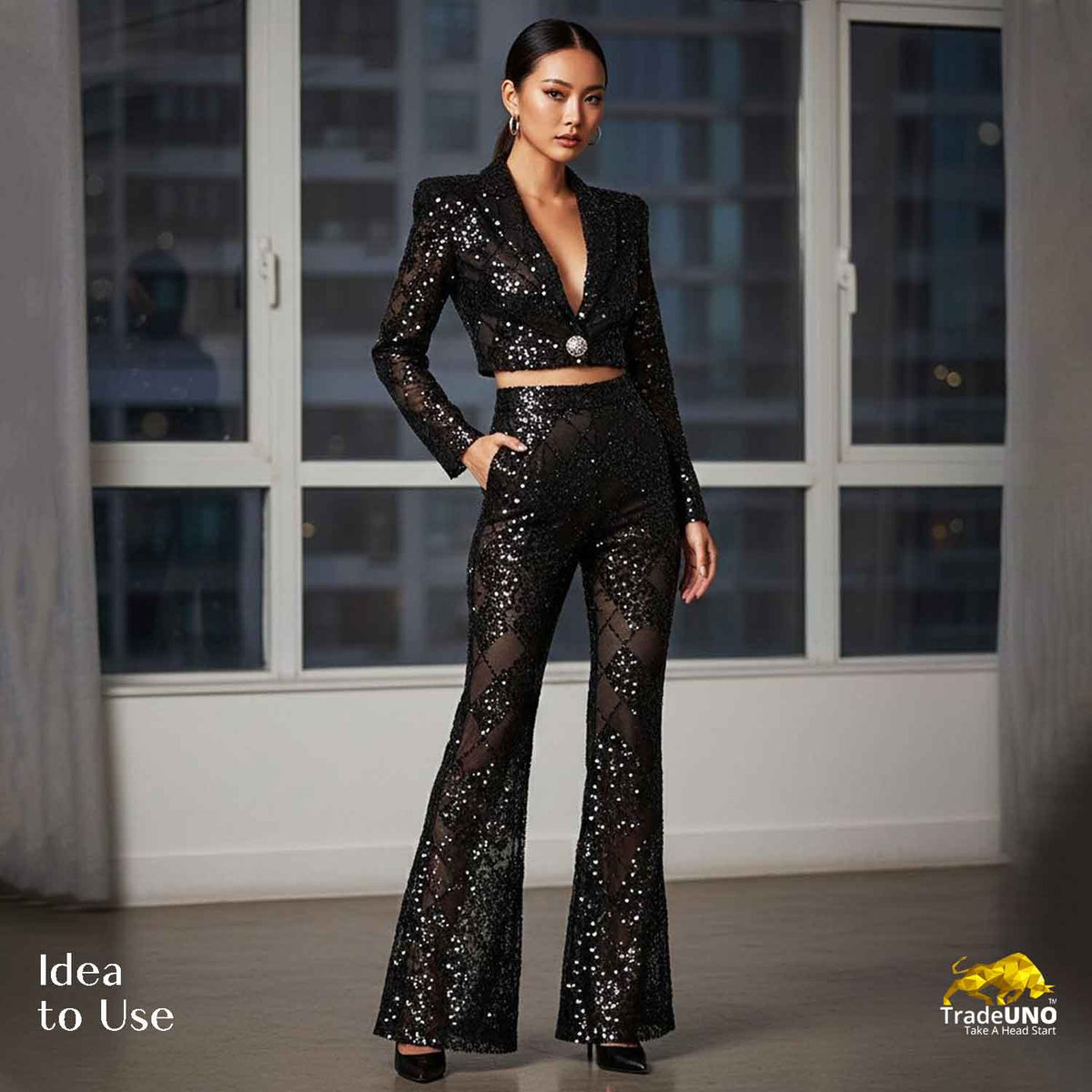 Classic Black Sequins Embroidery Net Fabric - TradeUNO