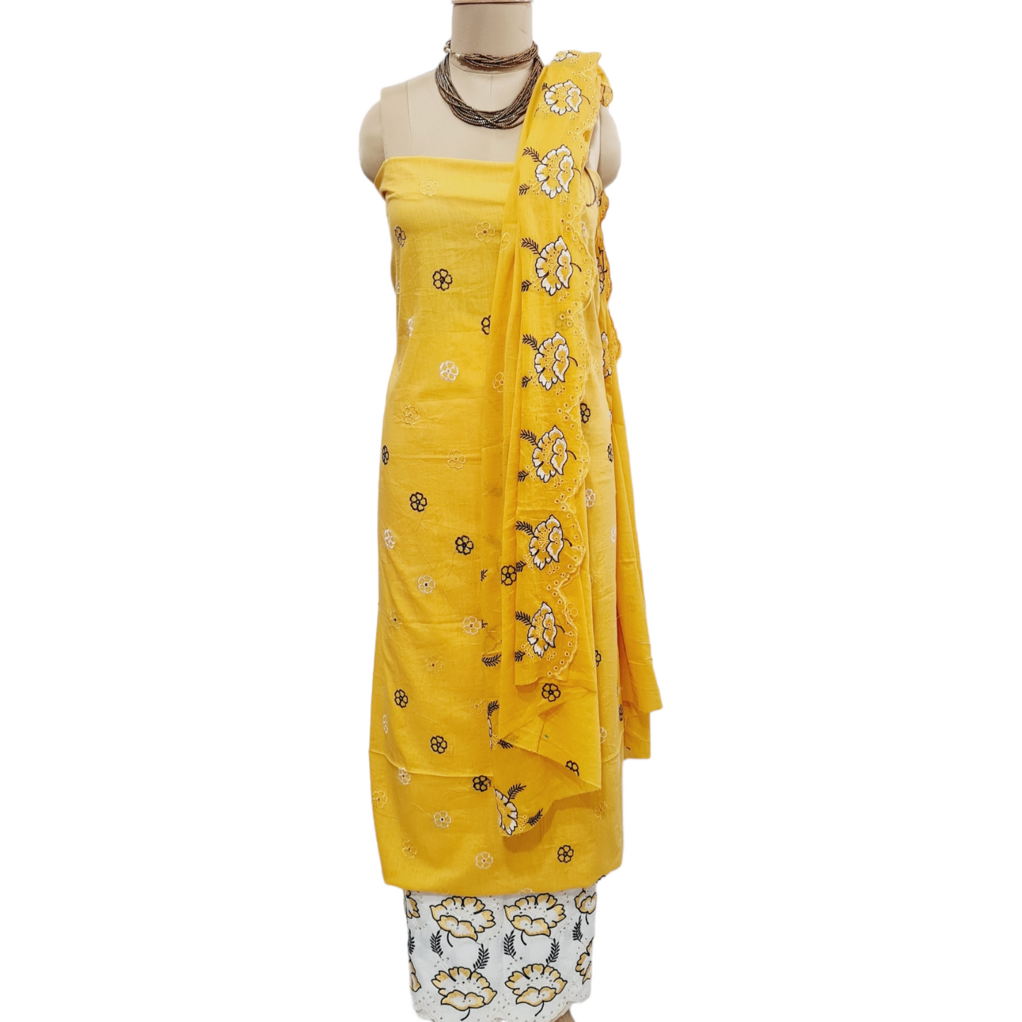 Yellow & Black Floral Embroidery Cotton Suit Set With Dupatta