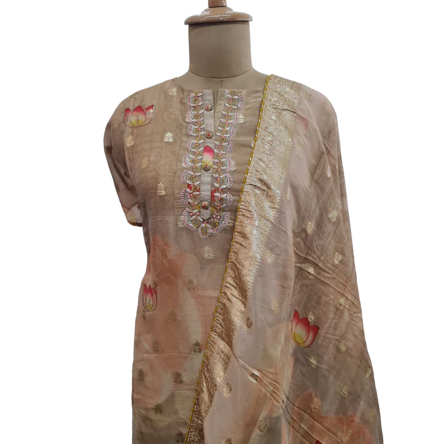 Brown Floral Foil Thread Embroidery Suit Set With Dupatta - TradeUNO