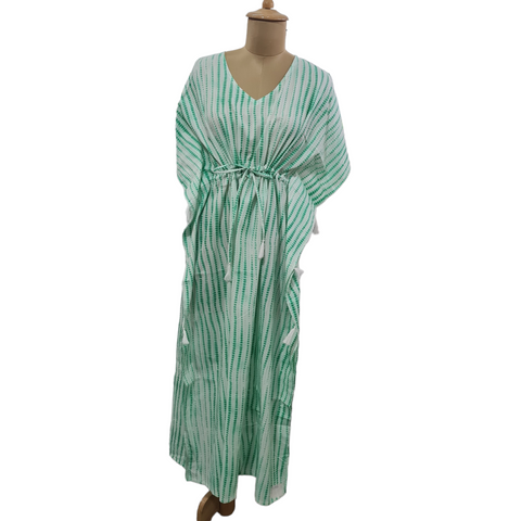 White Green Tie Dye Print Cotton Kaftan - TradeUNO