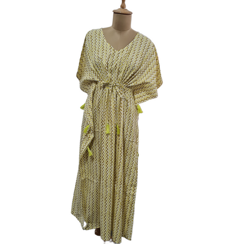 White Yellow Chevron Print Cotton Kaftan - TradeUNO