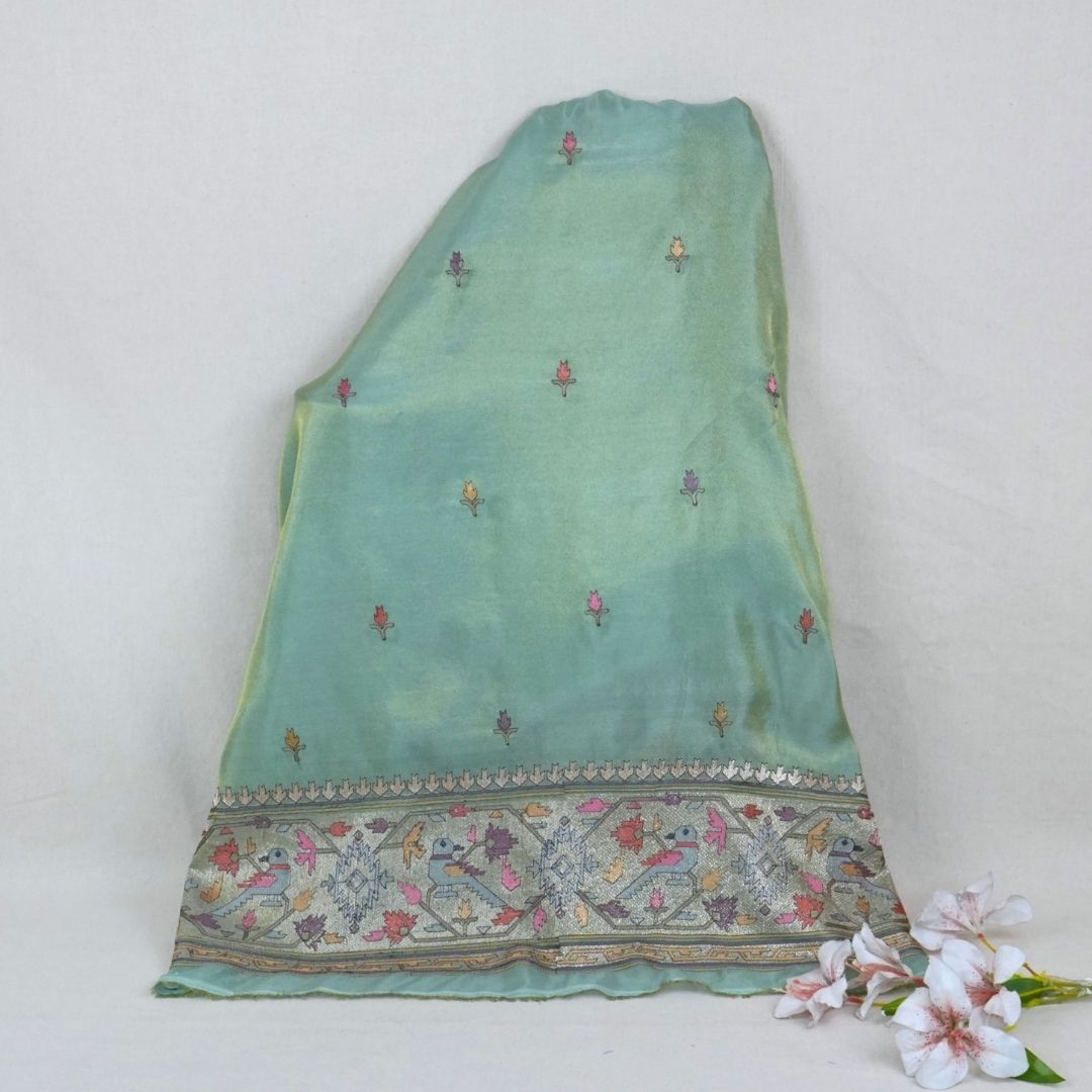 Green Floral Embroidery Tissue Fabric WI-29174