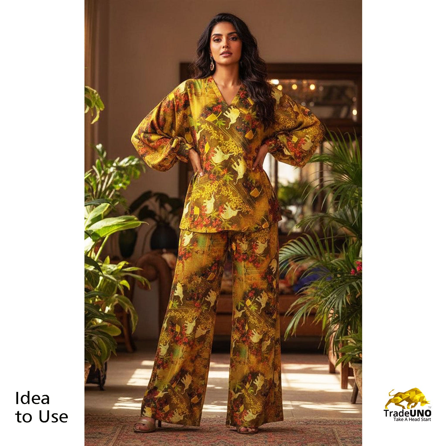 Multi Color Digital Print Golden Shimmer Satin Fabric TU 4898 - TradeUNO