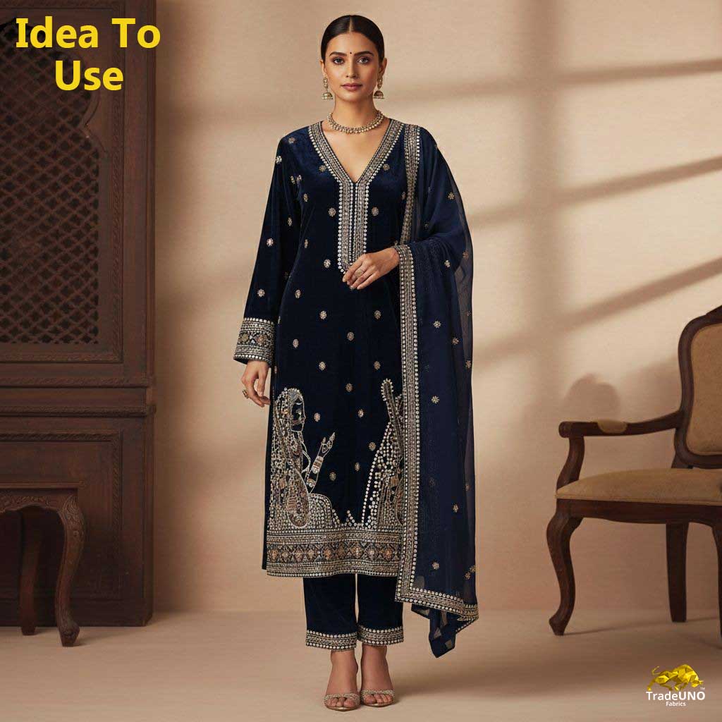 Teal Blue Embroidery Velvet Fabric JD-28970 - TradeUNO