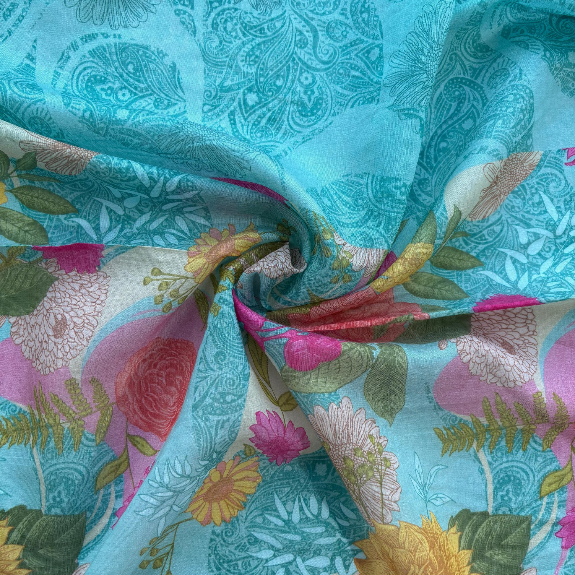 Blue Multicolor Floral Print Chanderi Silk Fabric