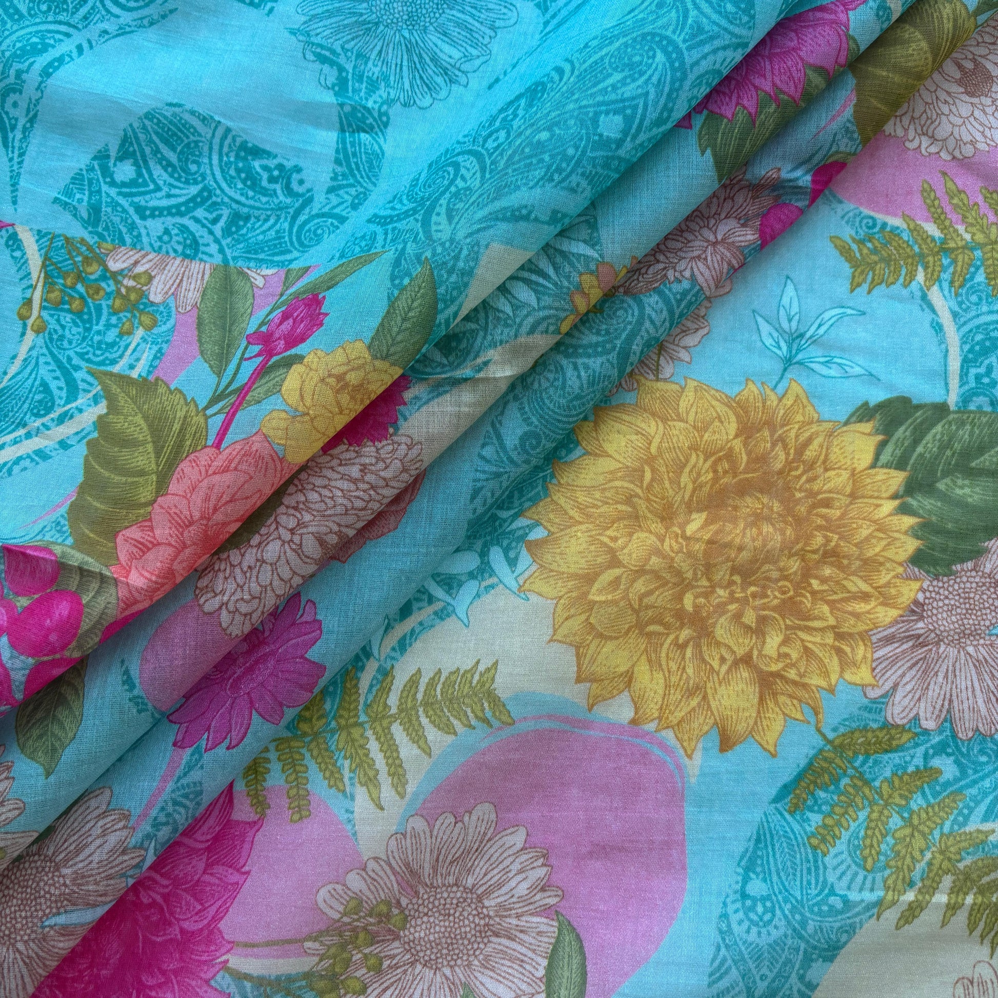 Blue Multicolor Floral Print Chanderi Silk Fabric