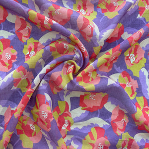 Purple Floral Print Chanderi Silk Fabric
