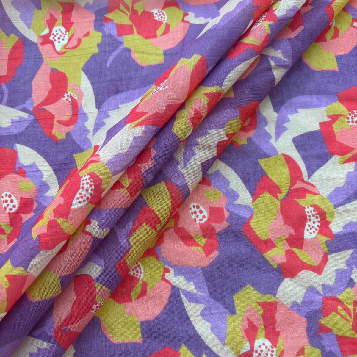 Purple Floral Print Chanderi Silk Fabric
