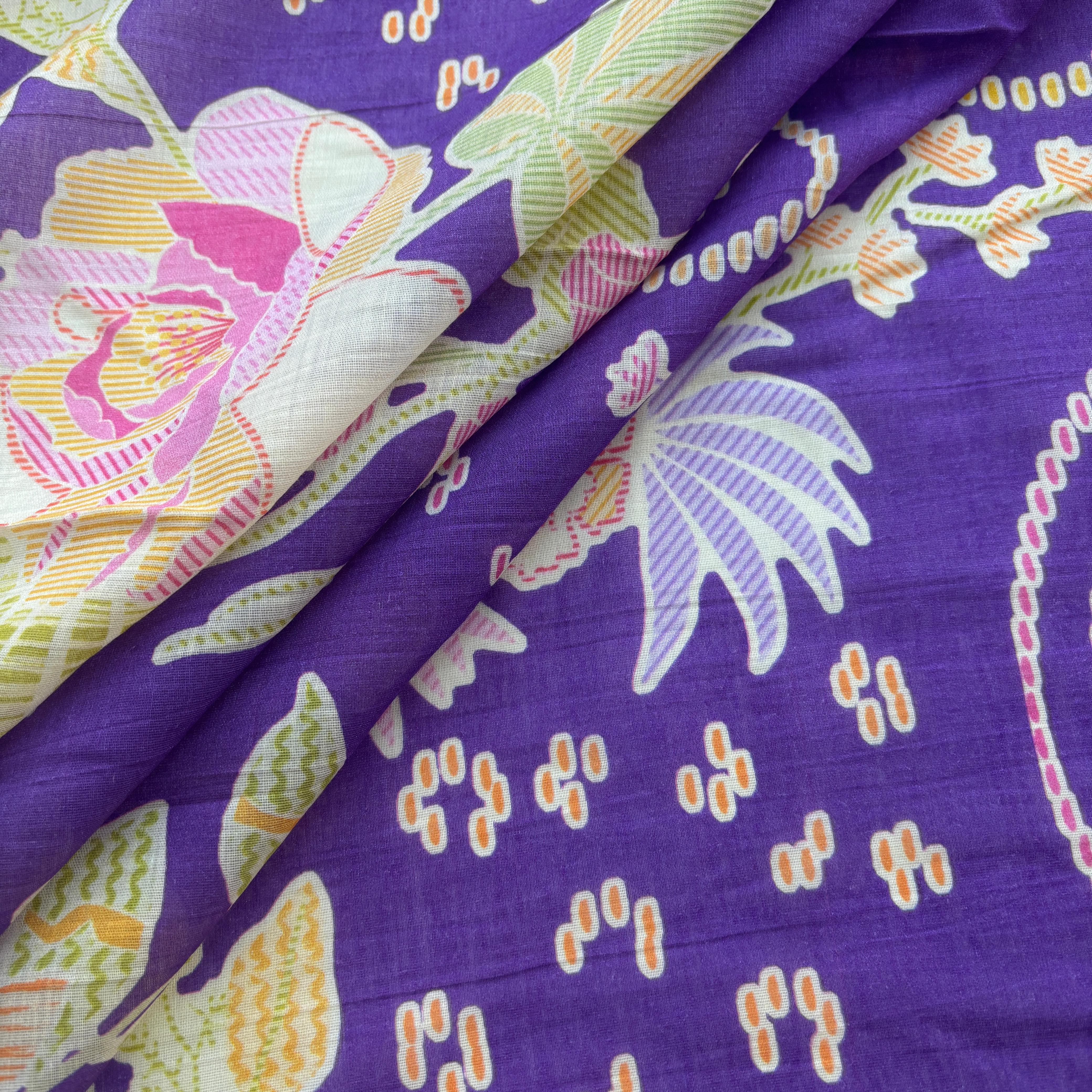 Purple Floral Print Chanderi Silk Fabric