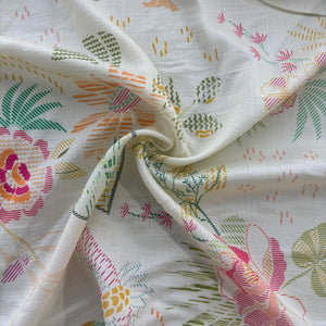 Green Floral Print Chanderi Silk Fabric