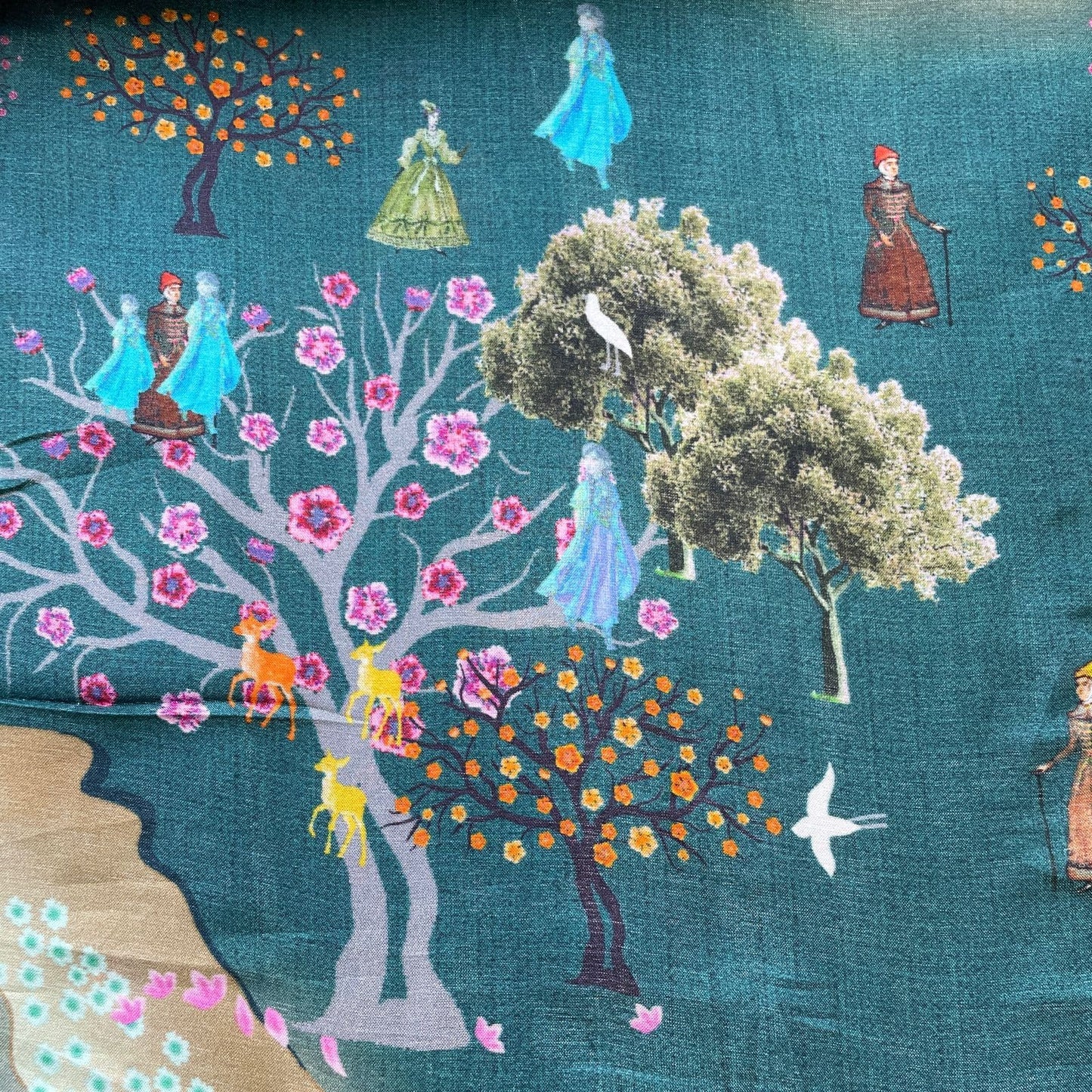 Peacock Green Mughal Print Upada Silk Fabric 21065