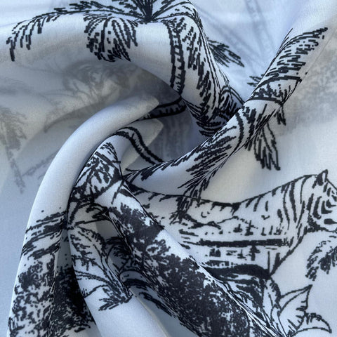 Grey Tropical Print Georgertte Satin Fabric 11858