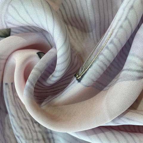 Peach Abstract Floral Foil Work Georgette Satin Fabric 18380